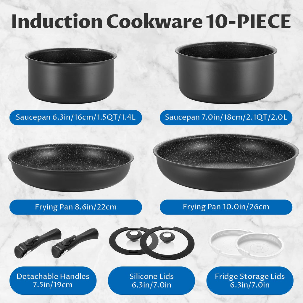 BEZIA 10-Piece Nonstick Cookware Set | Stackable Pans with Detachable Handles