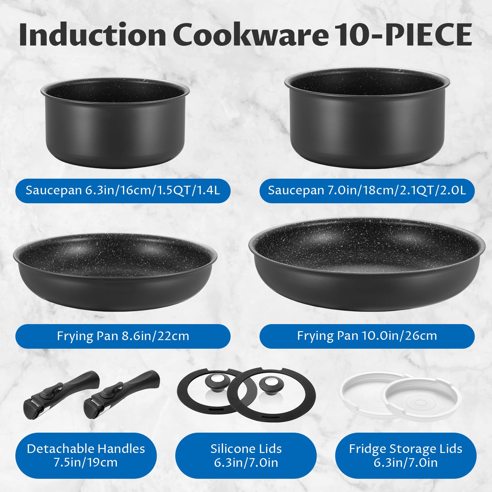 BEZIA 10-Piece Nonstick Cookware Set | Stackable Pans with Detachable Handles