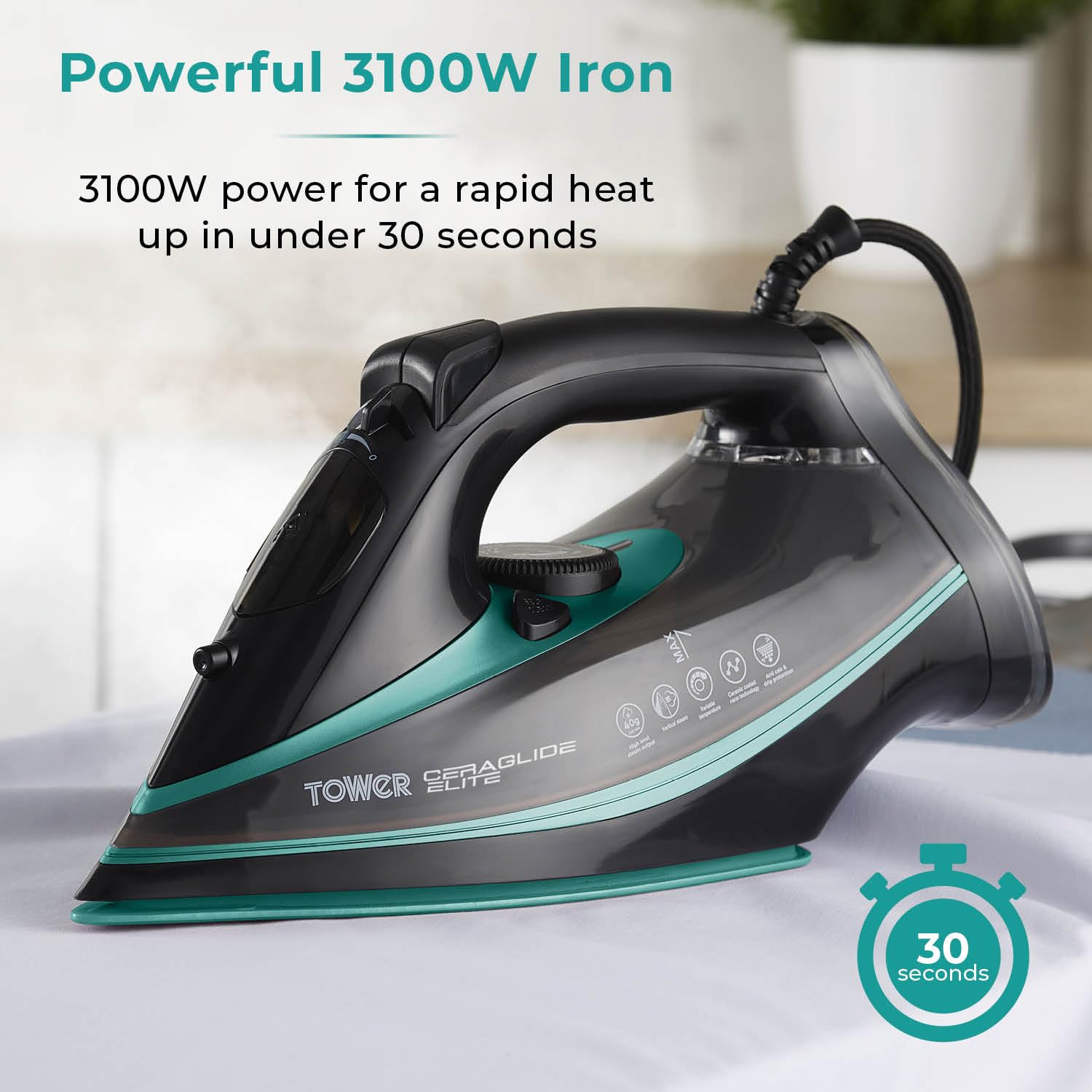 Tower CeraGlide 3100W Steam Iron with Ceramic Soleplate – Black & Teal