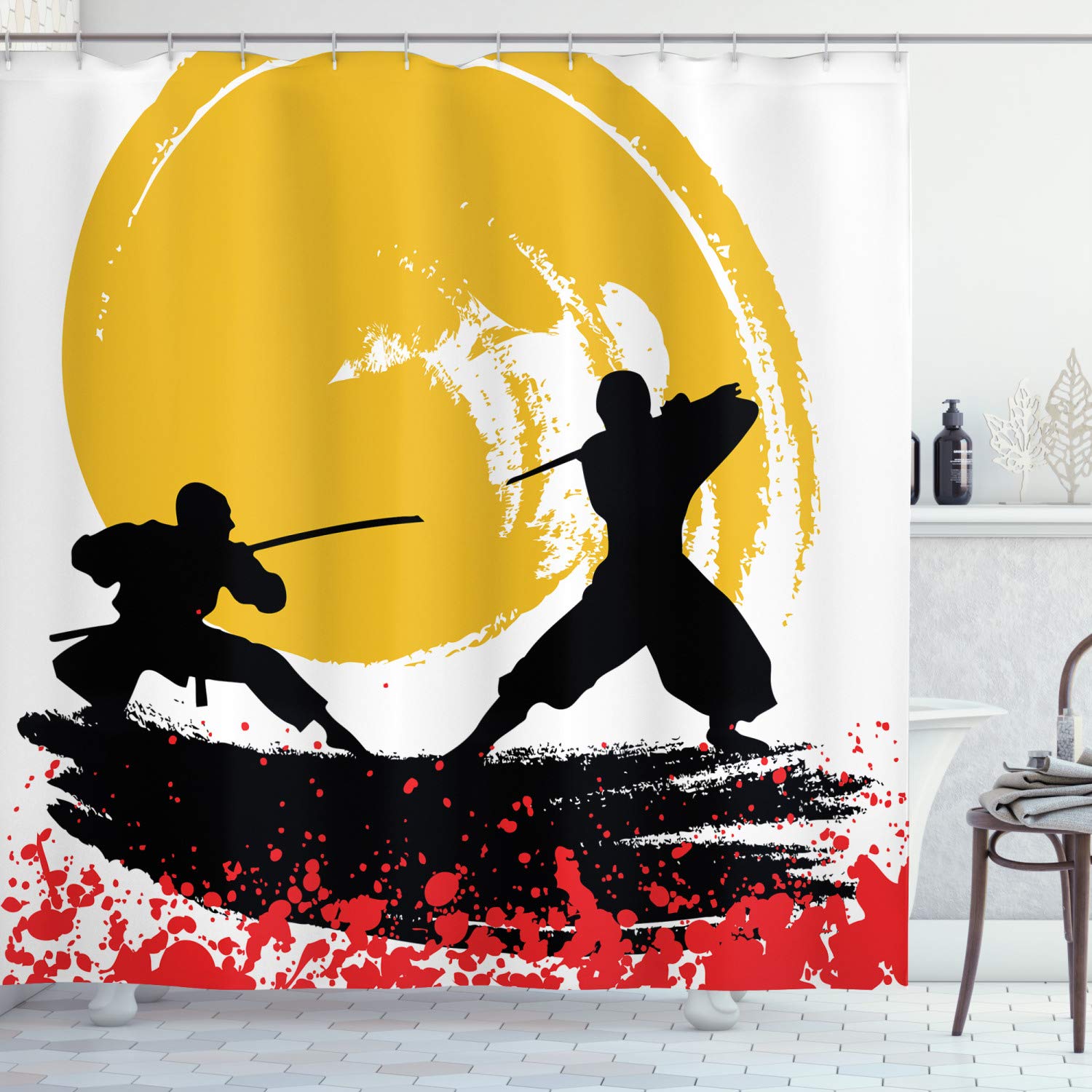 ABAKUHAUS Japanese Ninja Shower Curtain | Waterproof Fabric Decor, 69x86"