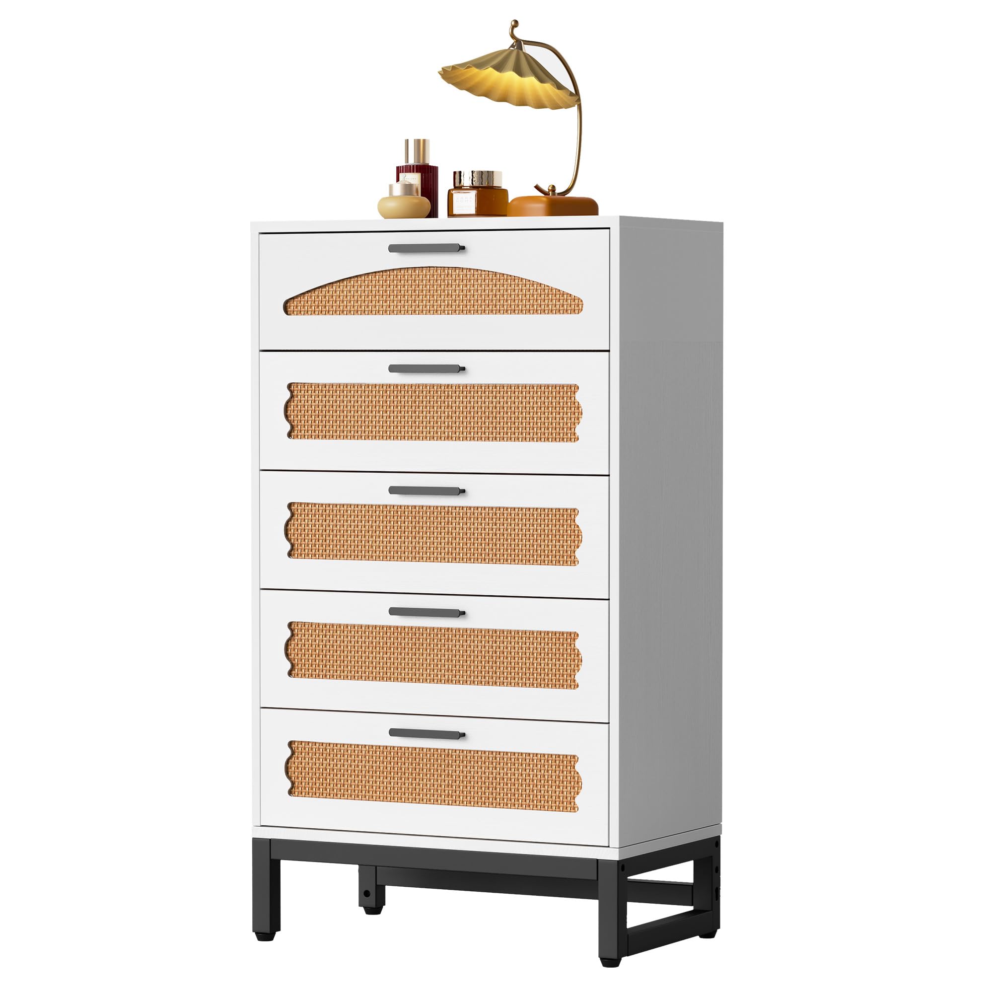 Mericonia 5-Drawer Rattan Dresser | Modern Boho Chest with Steel Base