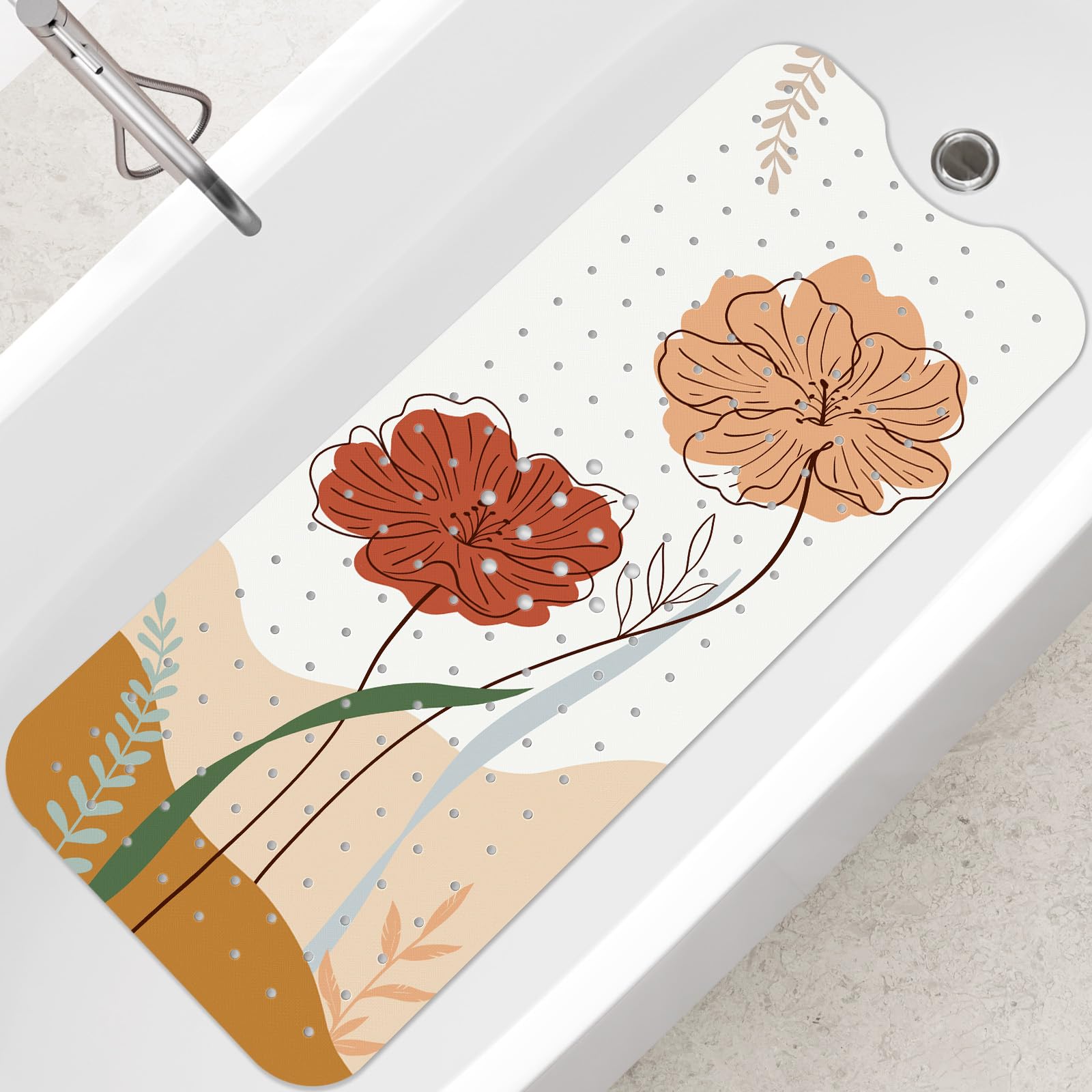 SHUCHING Boho Flowers Bath Mat – Extra Long 100x40cm Non-Slip PVC