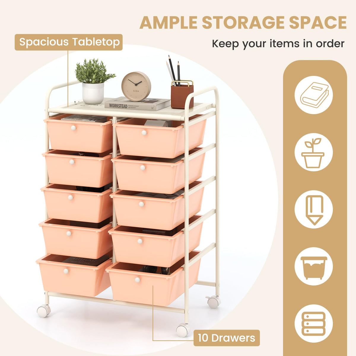 GiantexUK 10 Drawers Storage Cart, Mobile Rolling Storage Trolley with 4 Lockable Wheels & Handles - image 2