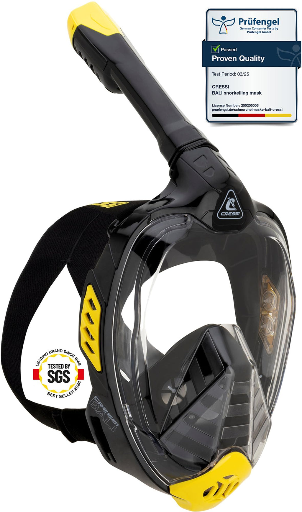 Cressi Bali Full Face Snorkel Mask – Anti-Fog Silicone, Black/Yellow