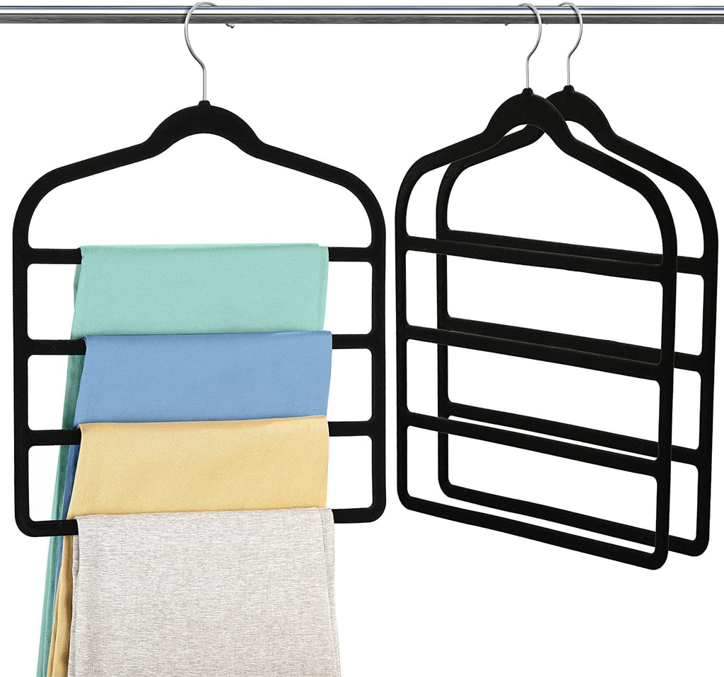 3 Pack Velvet Trouser Hangers - Space Saving, Non Slip for Jeans, Trousers, Leggings, Tie, Scarf and Towel - Multi Layer Pants Hanger for Clothes