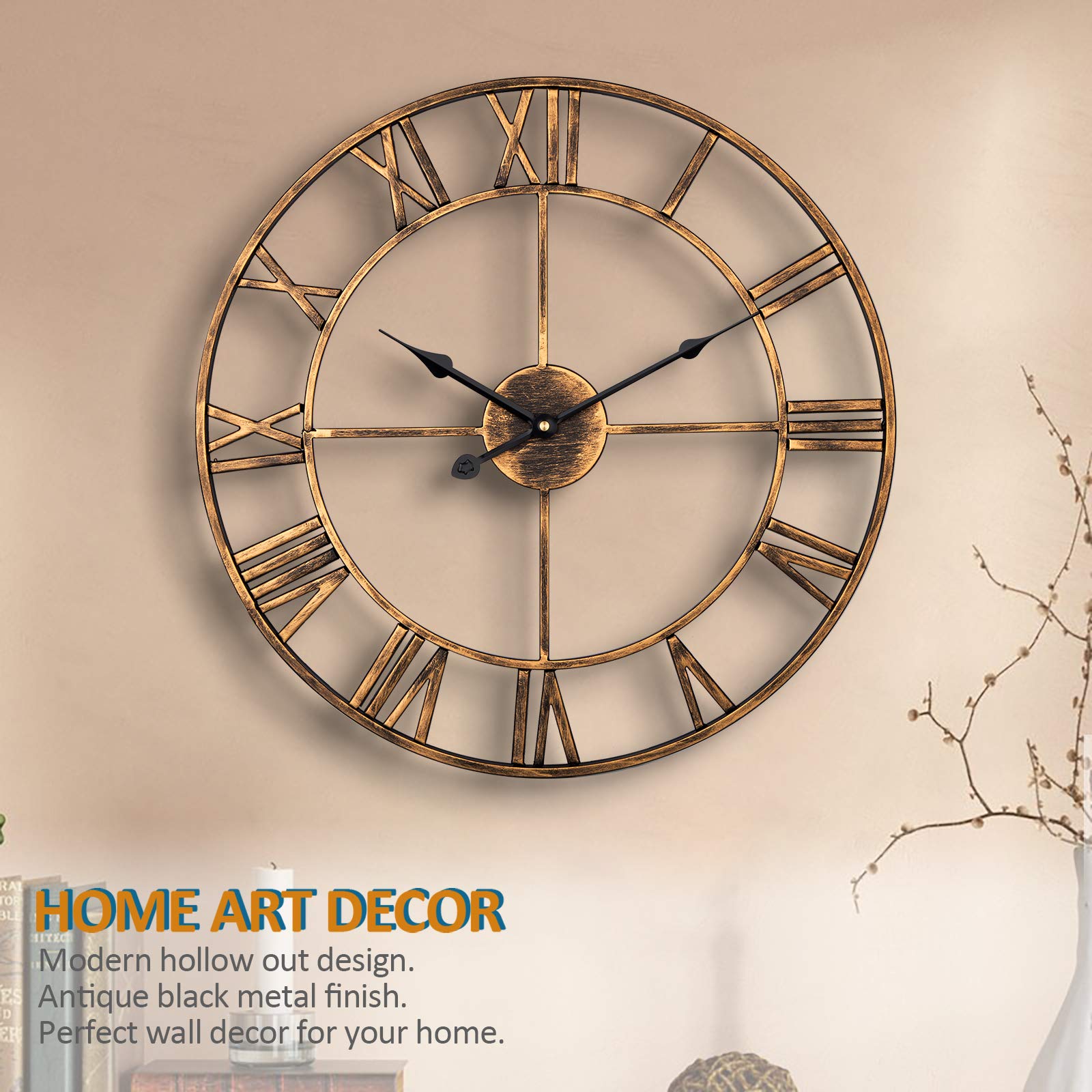 ARVINKEY 47cm Silent Wall Clock – Vintage Metal Skeleton Roman Numerals