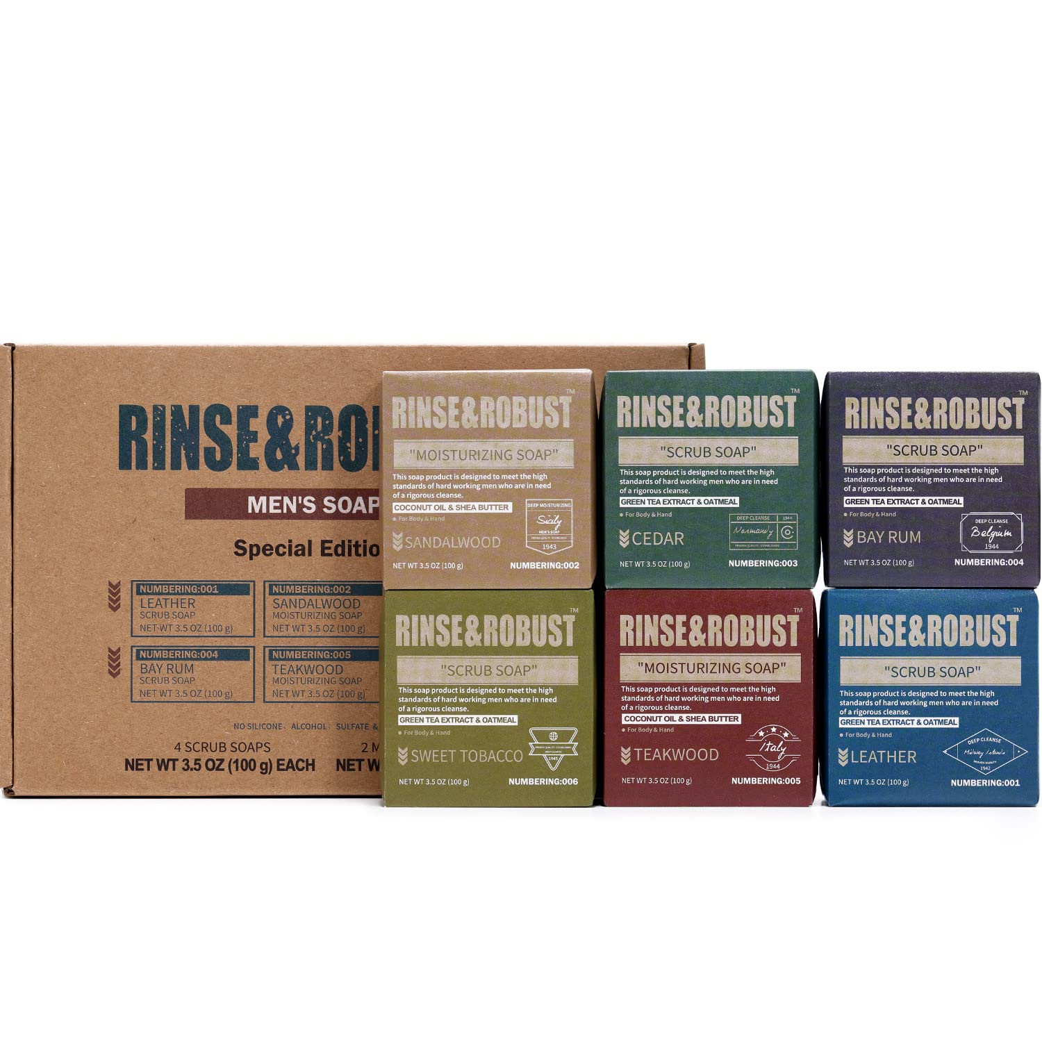 Rinse Robust Men's Natural Soap Bar Set | 6-Piece Exfoliating Gift Box