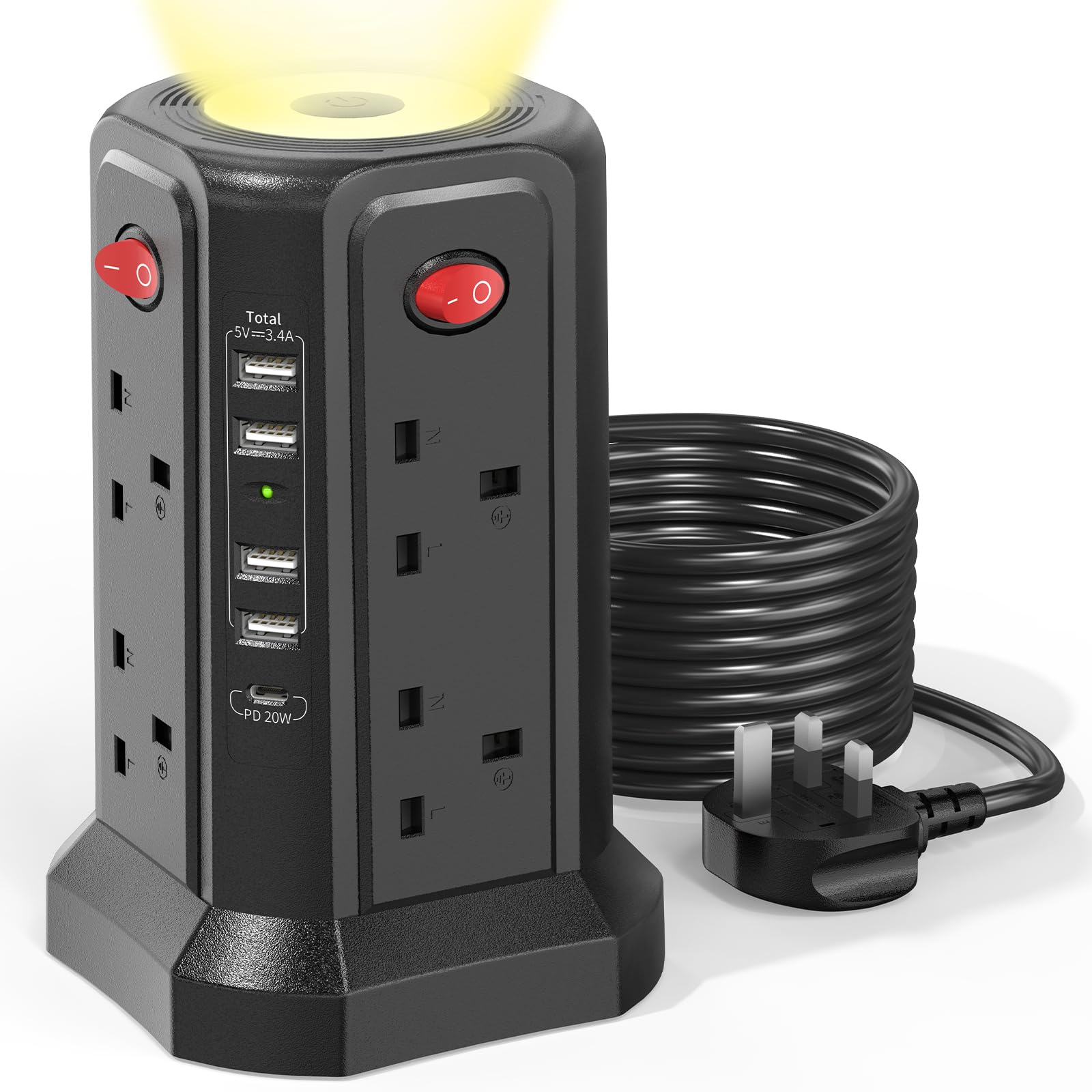 Jolof Store Tower Extension Lead | 8 Way Surge Protected 3M USB Strip