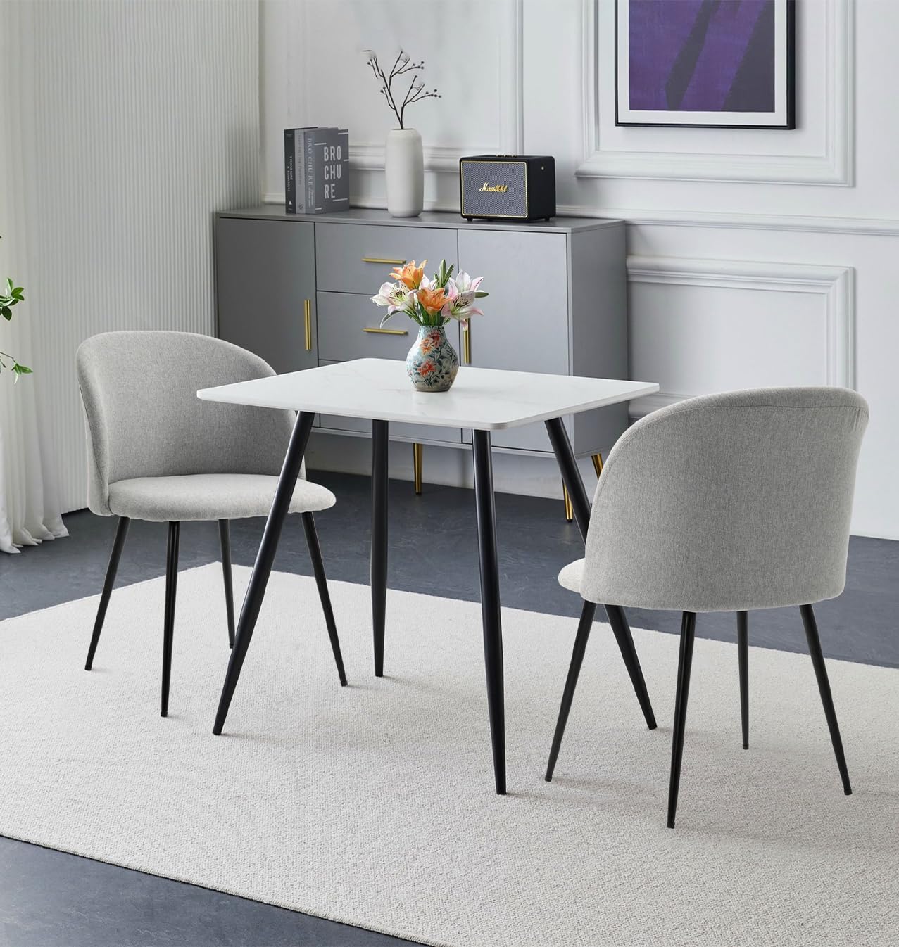 Hallowood Cullompton 2 Seater Dining Set – White Marble & Grey Fabric