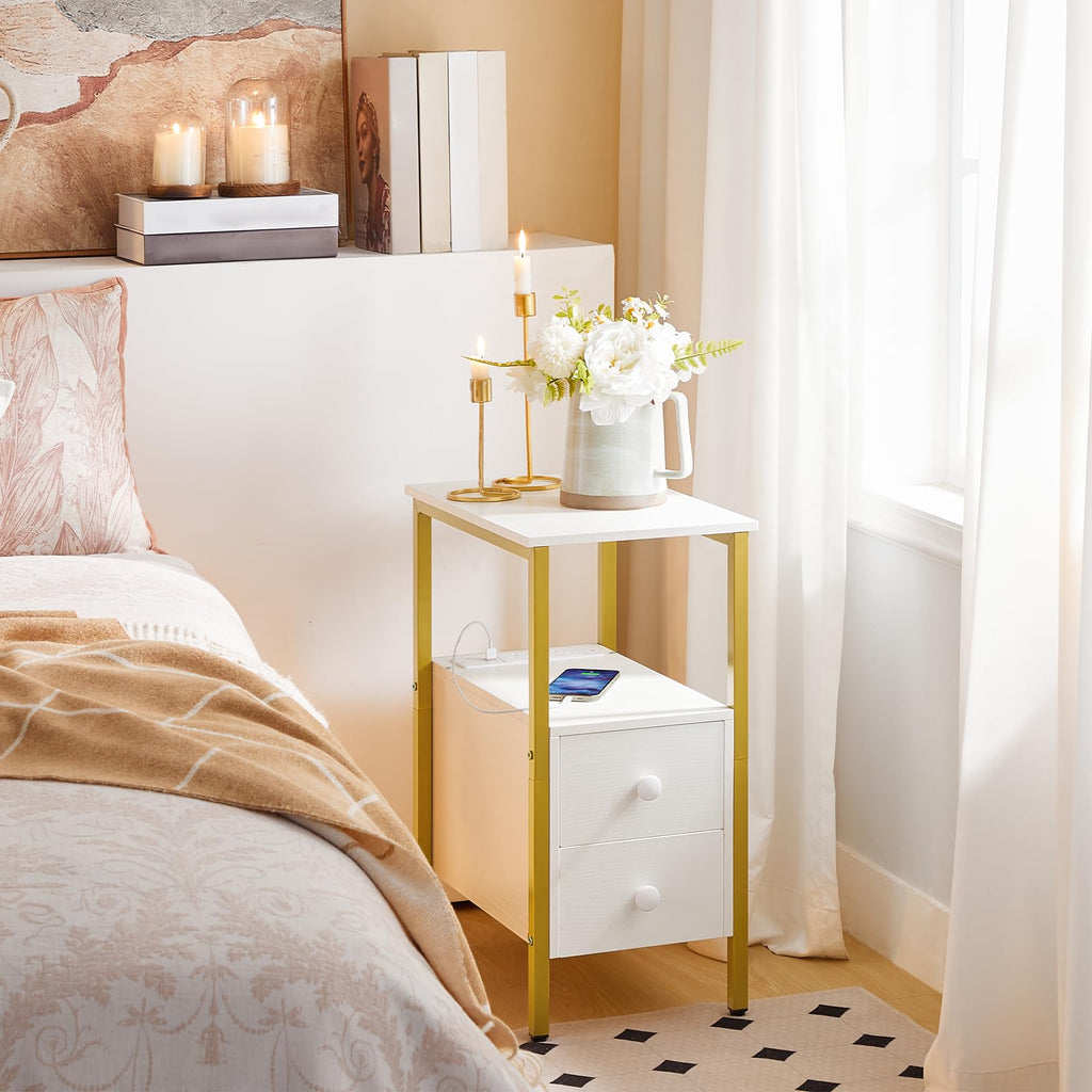 HOOBRO Narrow Side Table with Charging Station, 2 Drawers, Industrial
