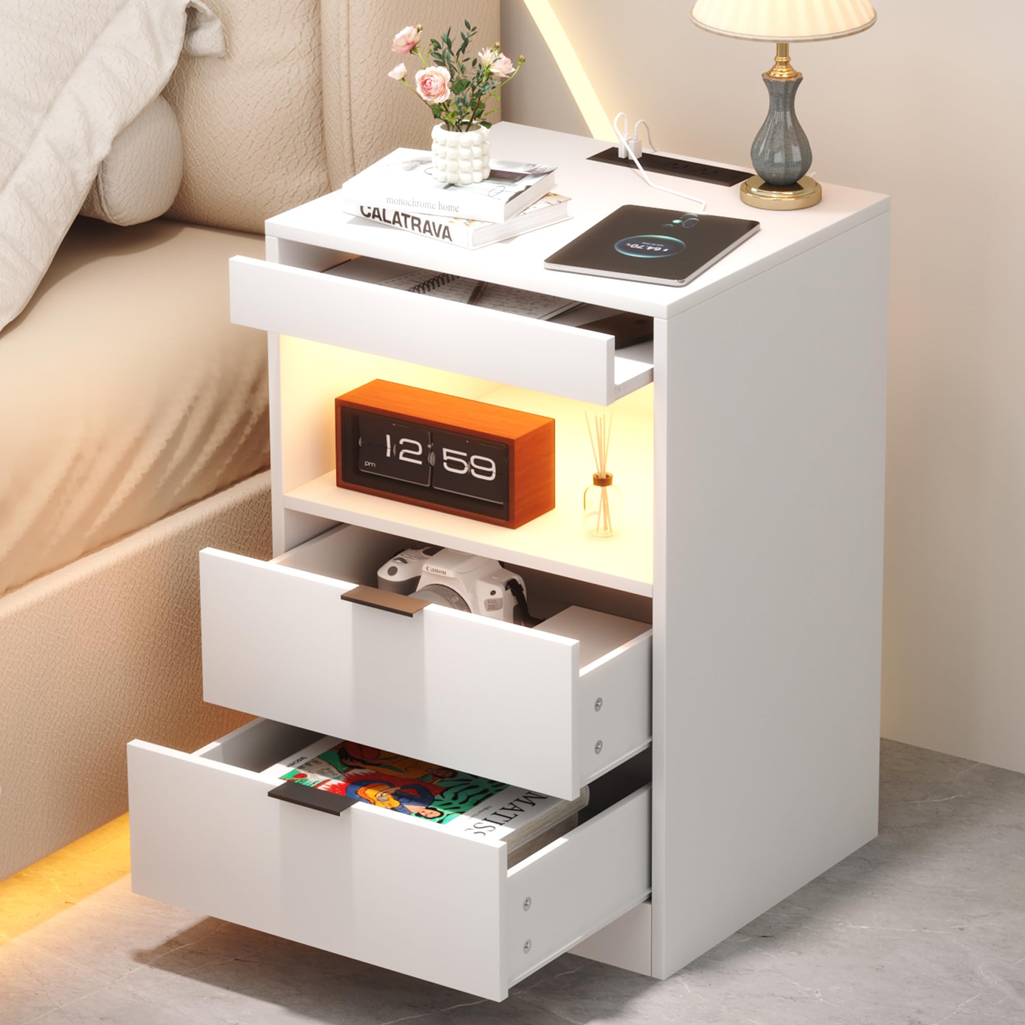 Yusong LED Nightstand with Charging Station | 2-Drawer White Bedside Table