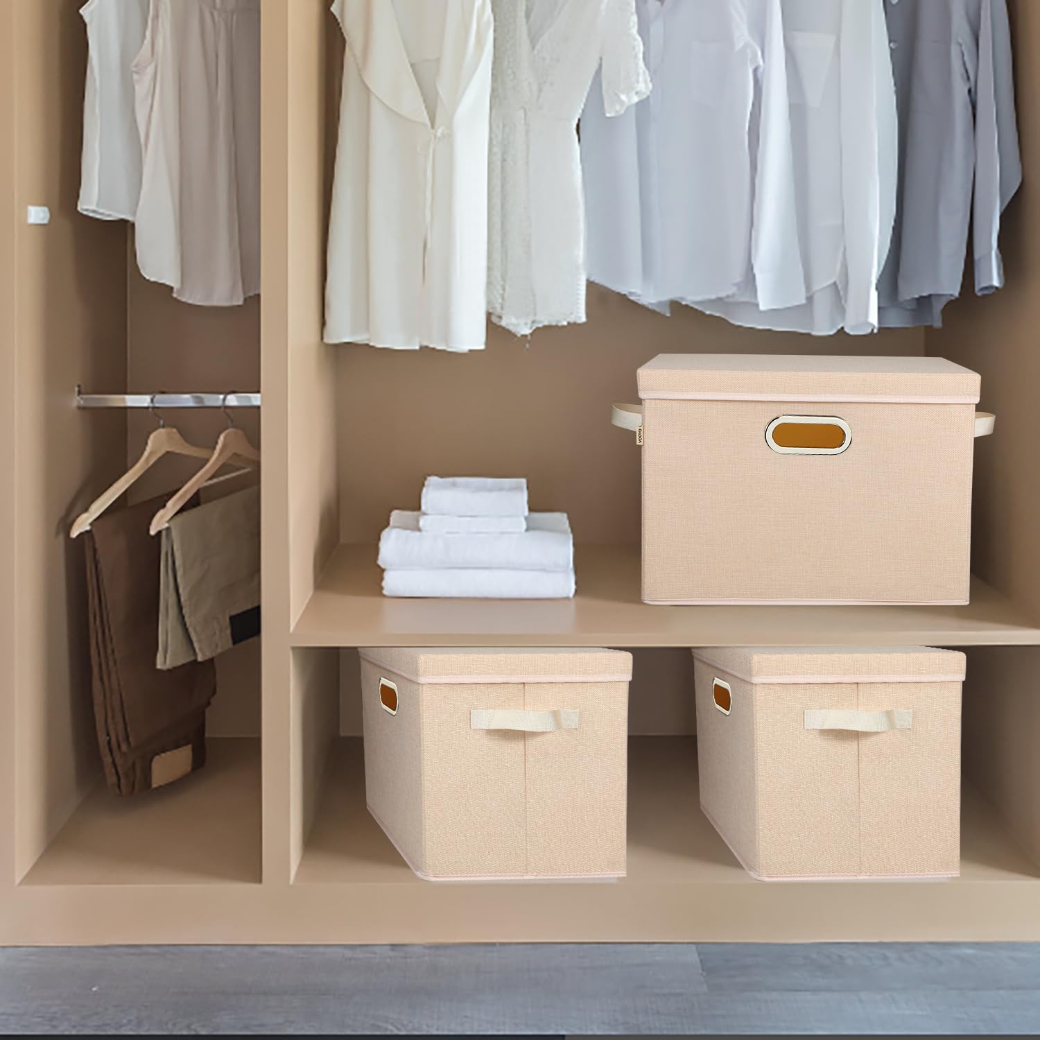 Voova 3-Pack Large Linen Fabric Storage Bins with Lids – Stackable Organizers