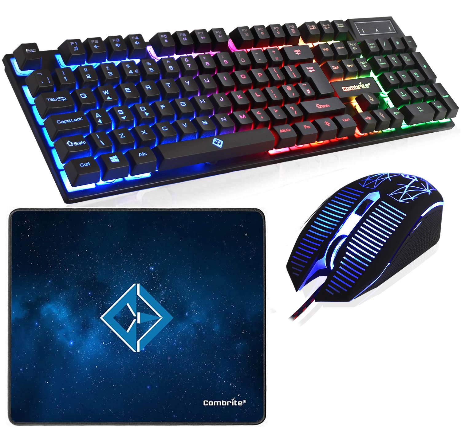 Combrite Raptor Gaming Keyboard and Mouse Set | Rainbow LED | UK Layout