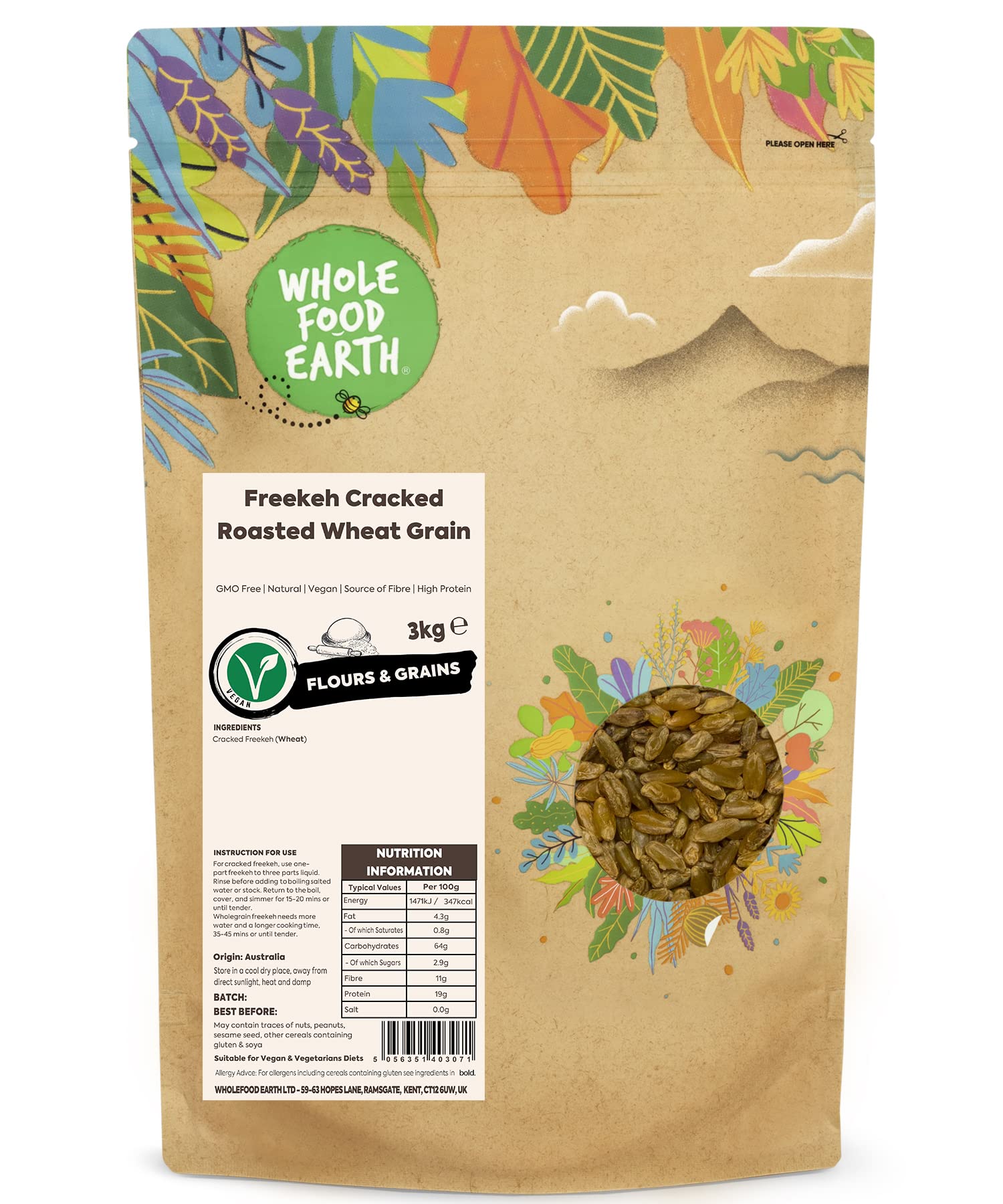Wholefood Earth Cracked Freekeh Roasted Wheat Grain - High Protein - 3kg