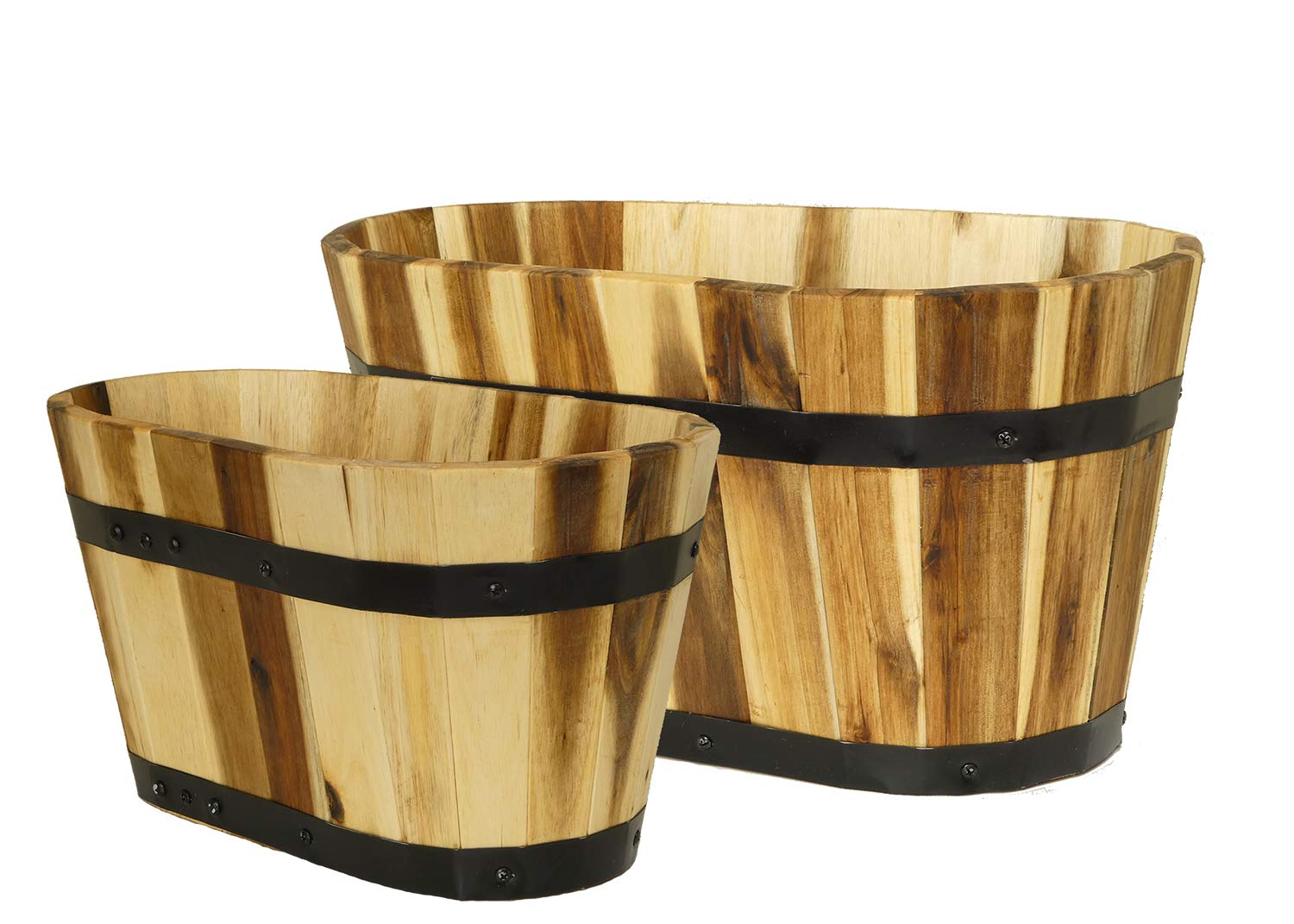 Acacia Wood Barrel Planters with Metal Bands, Set of 2