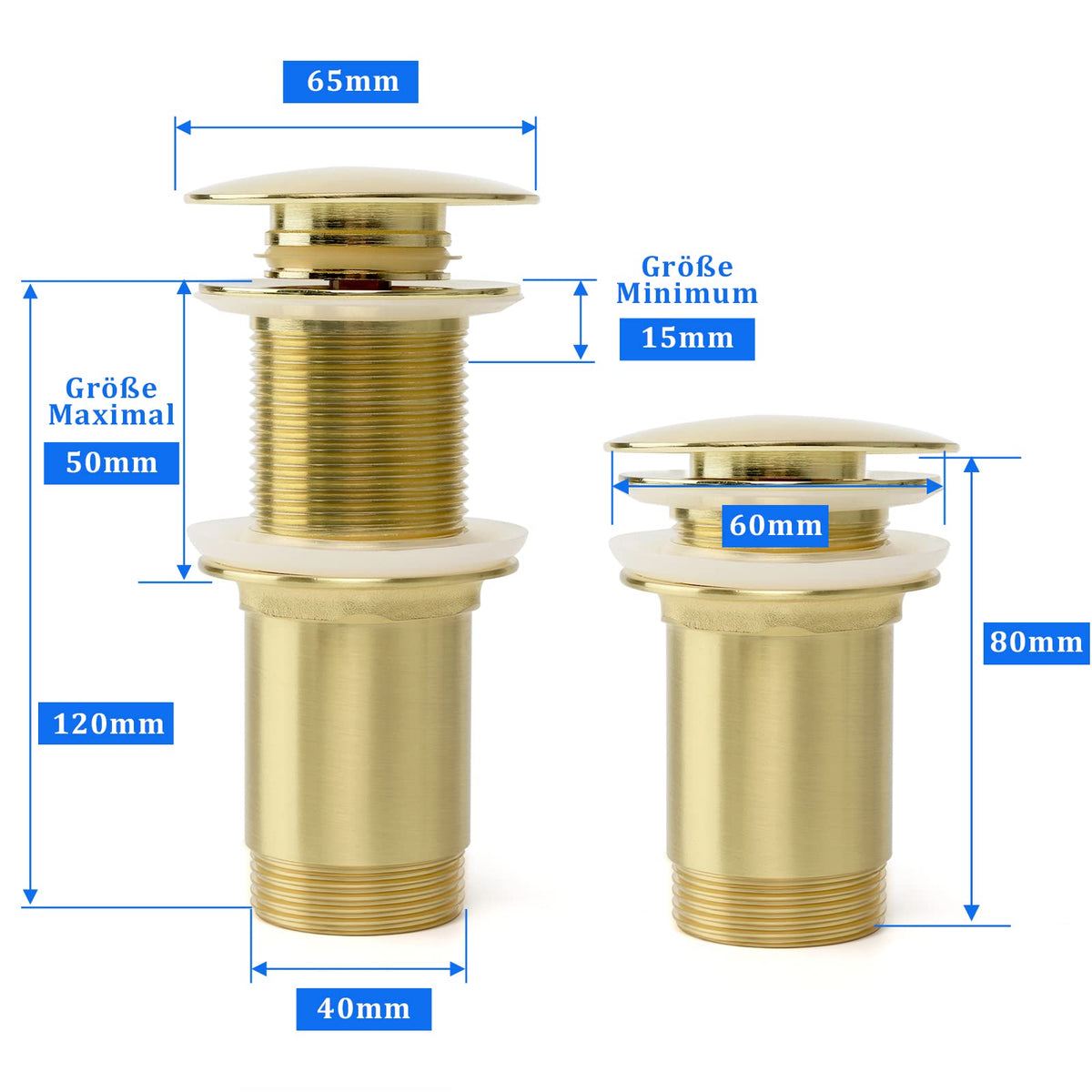 Universal drain fitting without overflow, pop-up drain plug made of solid brass for sink and washbasin, tool-free installation - image 2