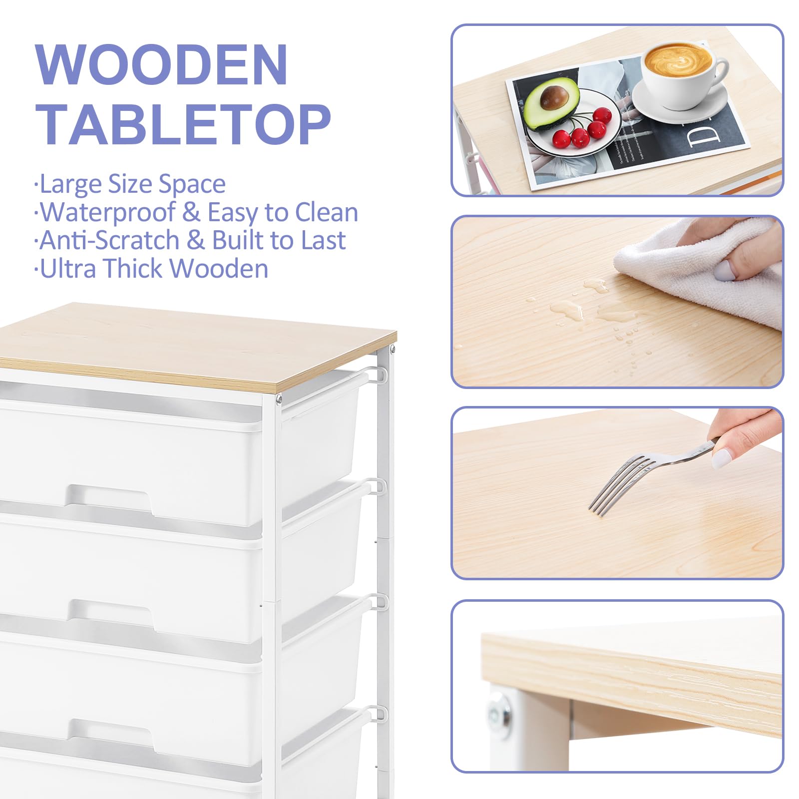 SYKIARIOL 4-Drawer Rolling Storage Cart with Wooden Top | Bright White