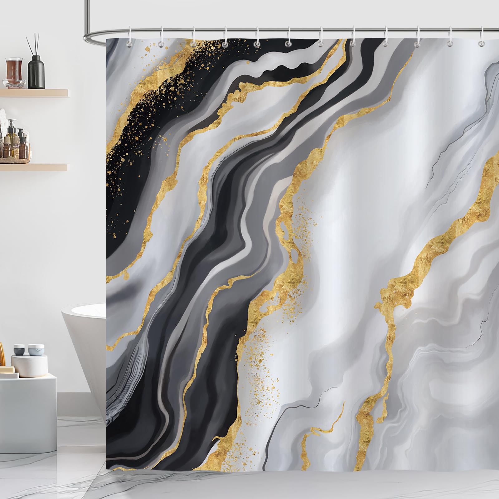 COZZSNUGE Black Marble Shower Curtain | Waterproof Polyester 183x183cm