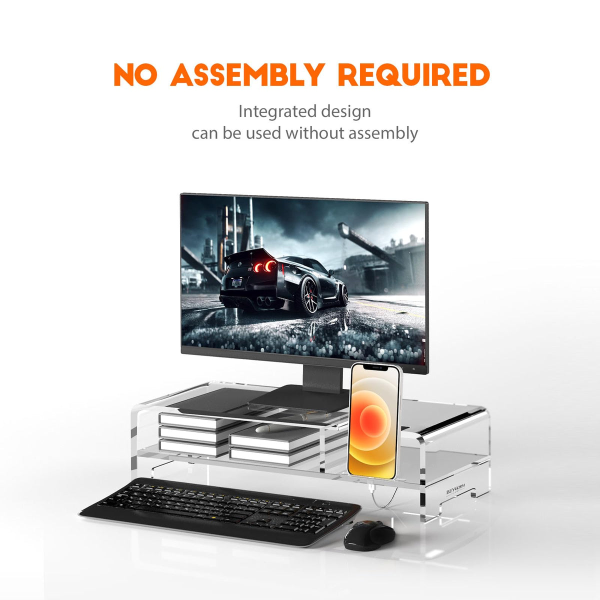 BEYGORM Acrylic Monitor Stand Riser, Wide 20", 2 Tier Computer with Storage, Desk Organizer Desktop Printer Laptop Storage Shelf Screen Holder Phone - image 4