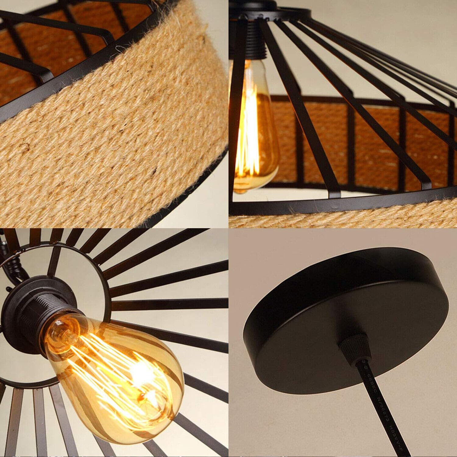 LEDSone Vintage Hemp Rope Pendant Light – Industrial Wire Cage Ceiling Lamp