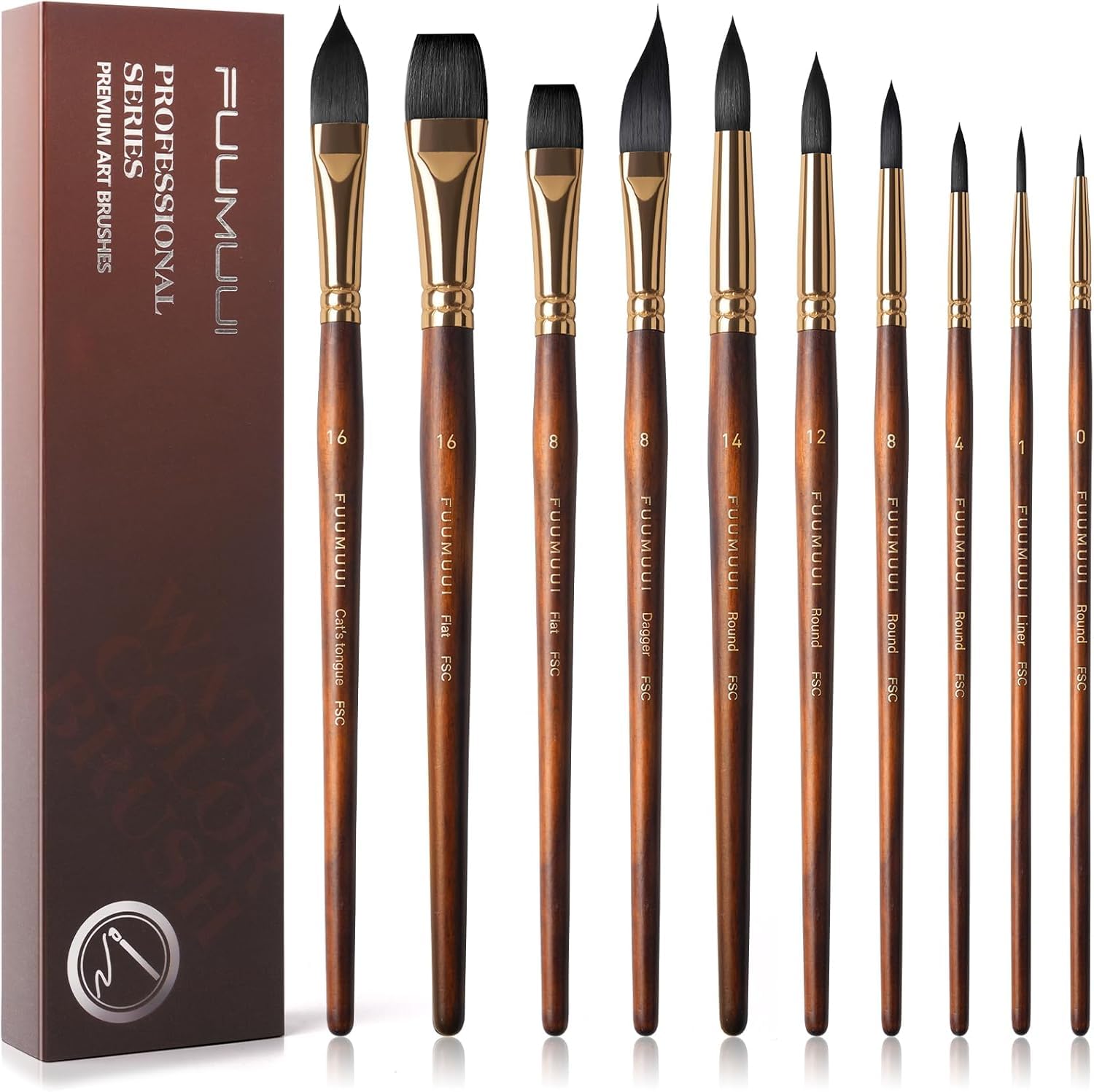 Fuumuui 10Pcs Professional Watercolour Brushes | Synthetic Squirrel Hair