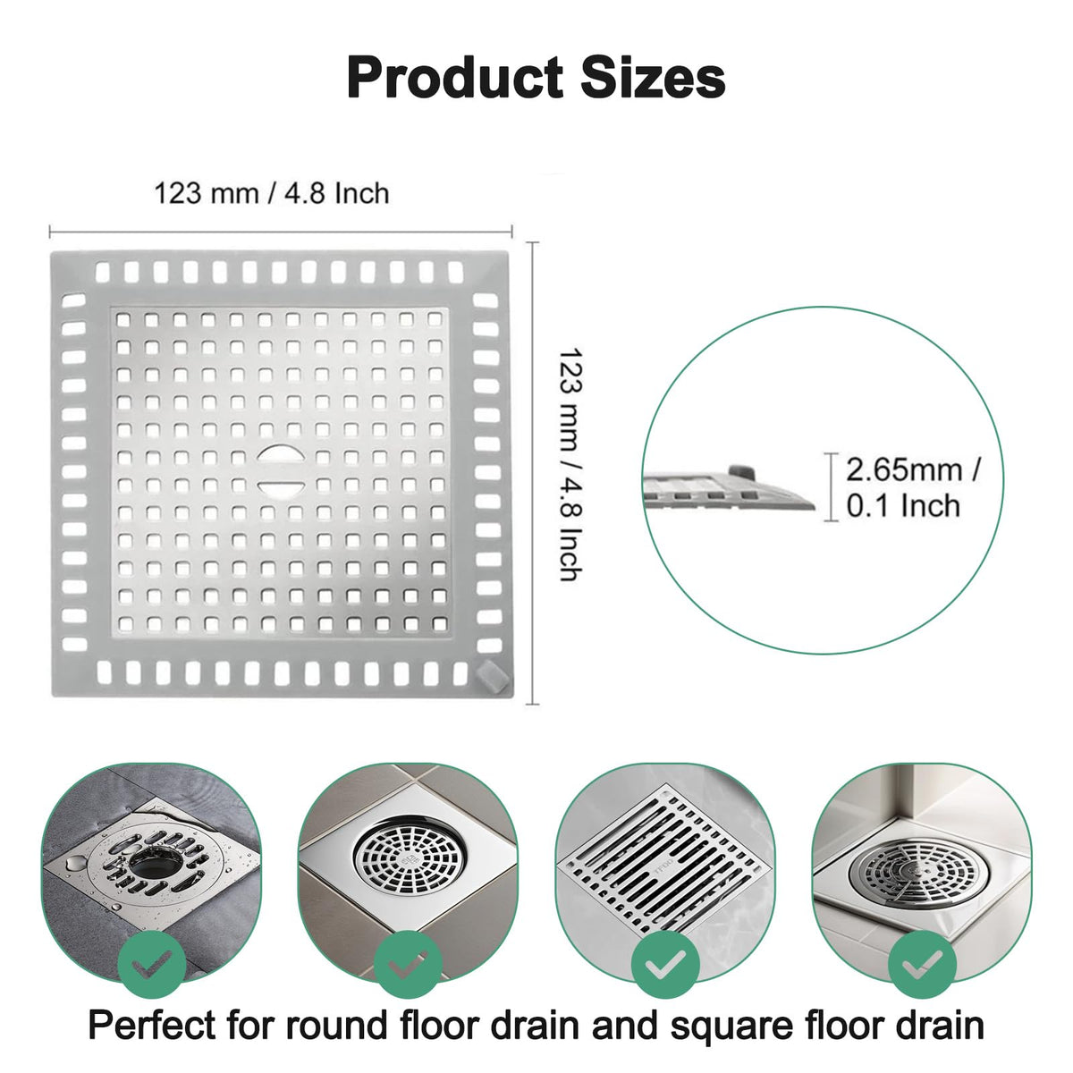 Shower Drain Cover Hair Catcher Square 12.3cm, 304 Stainless Steel Drain Protector with Silicone Edge, Prevents Clogged Drains - image 2