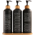 Jolof Store 3-Pack Refillable Shampoo Bottles with Bamboo Pumps & Tray