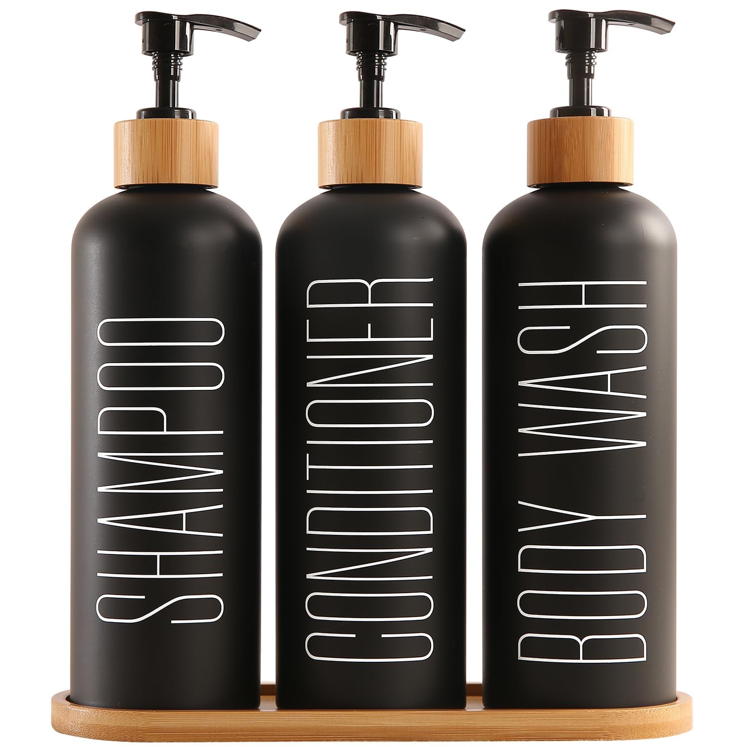 Jolof Store 3-Pack Refillable Shampoo Bottles with Bamboo Pumps & Tray