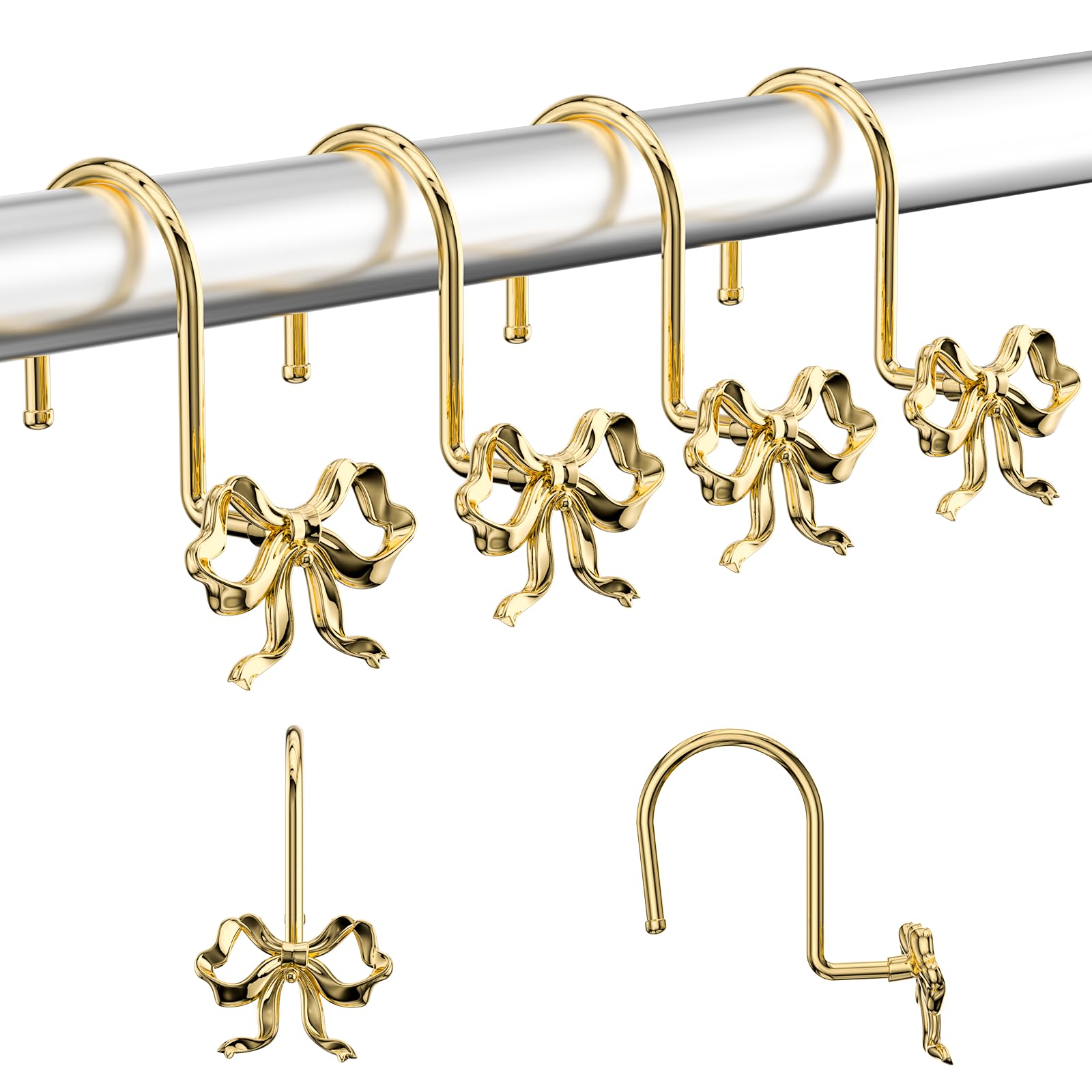 Bow Shower Curtain Hooks | 24-Piece Rustproof Brushed Gold