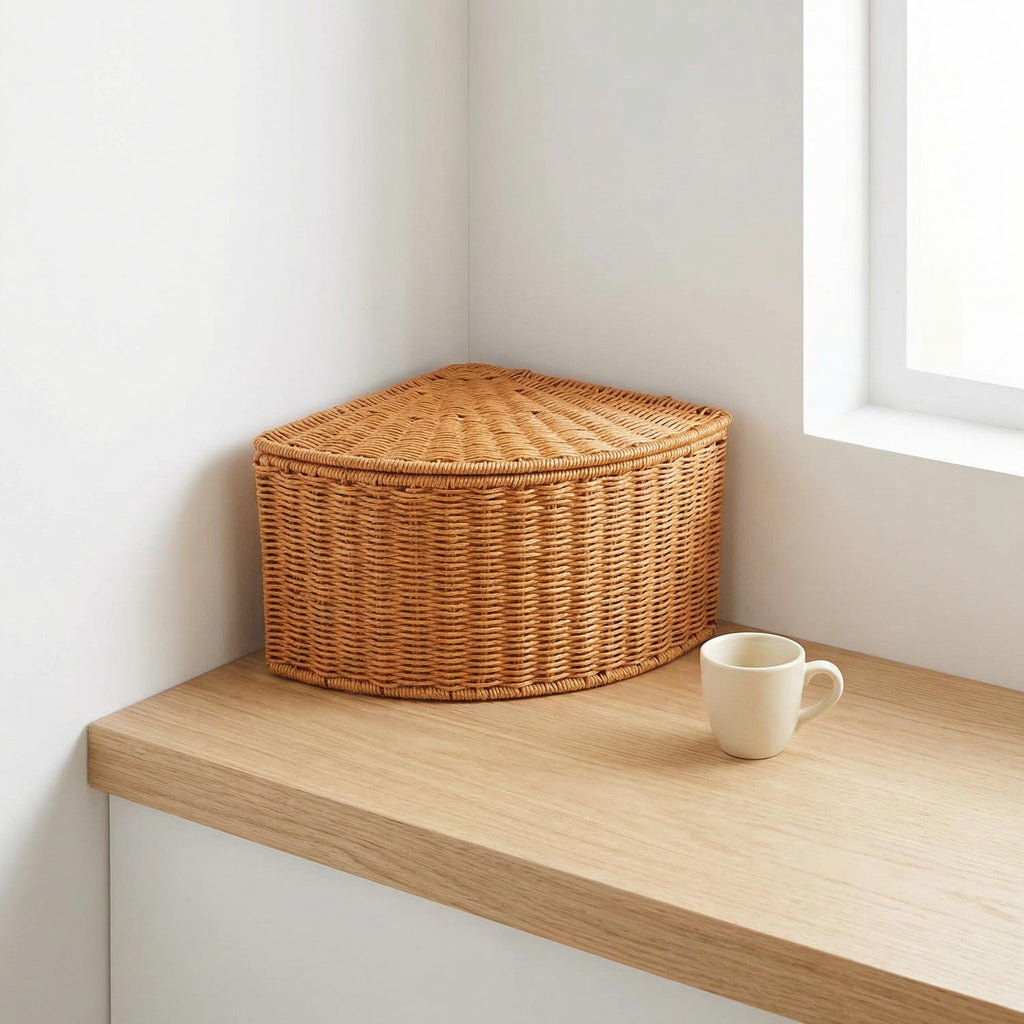 TOYANDONA Triangle Woven Basket Trays: Rustic Style Woven Imitation Rattan Basket With Lid Wardrobe Storage Bin Corner Laundry Hamper For Toys Snacks - image 4