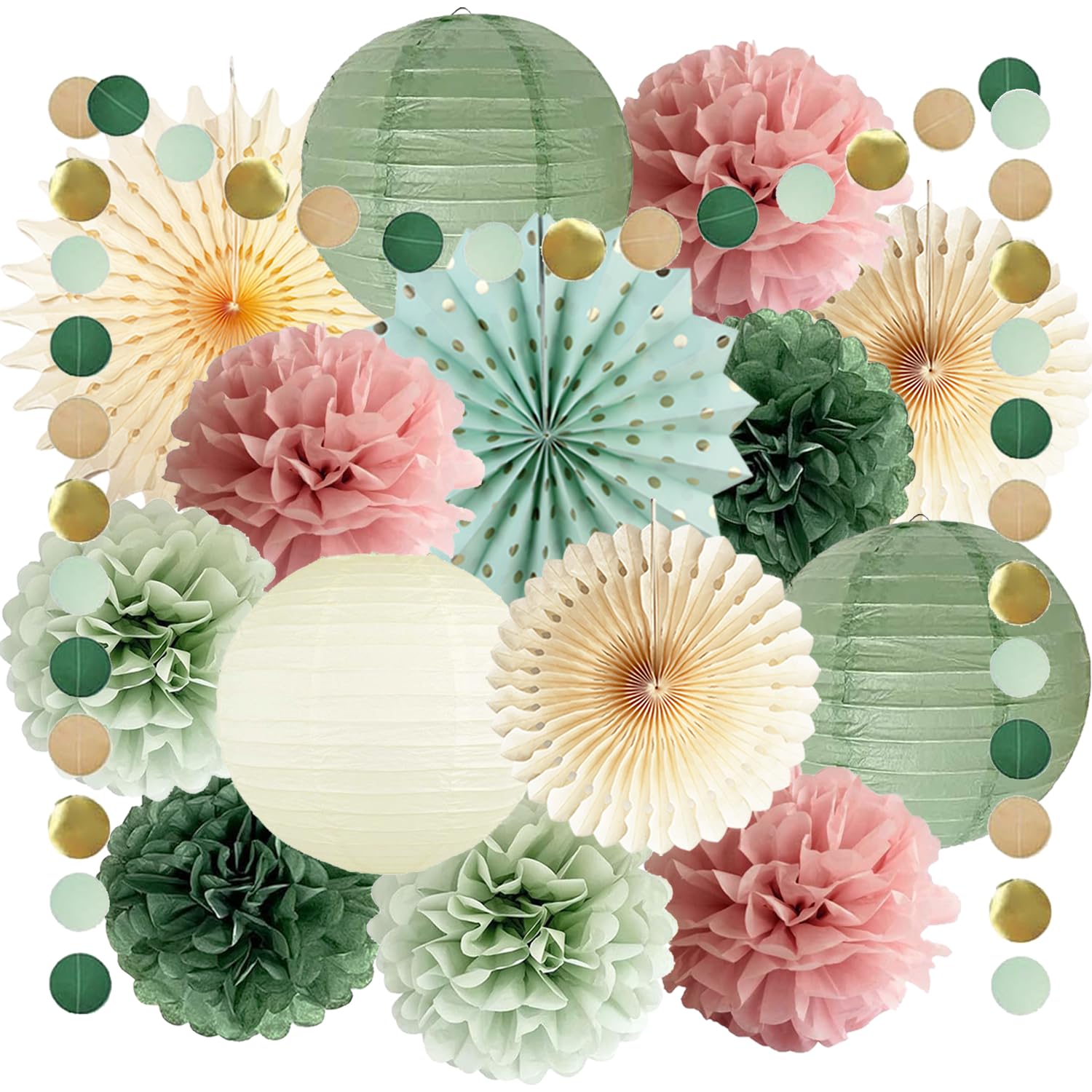 Sage Green & Dusty Pink Party Decor Kit - 14pc Paper Lantern Set