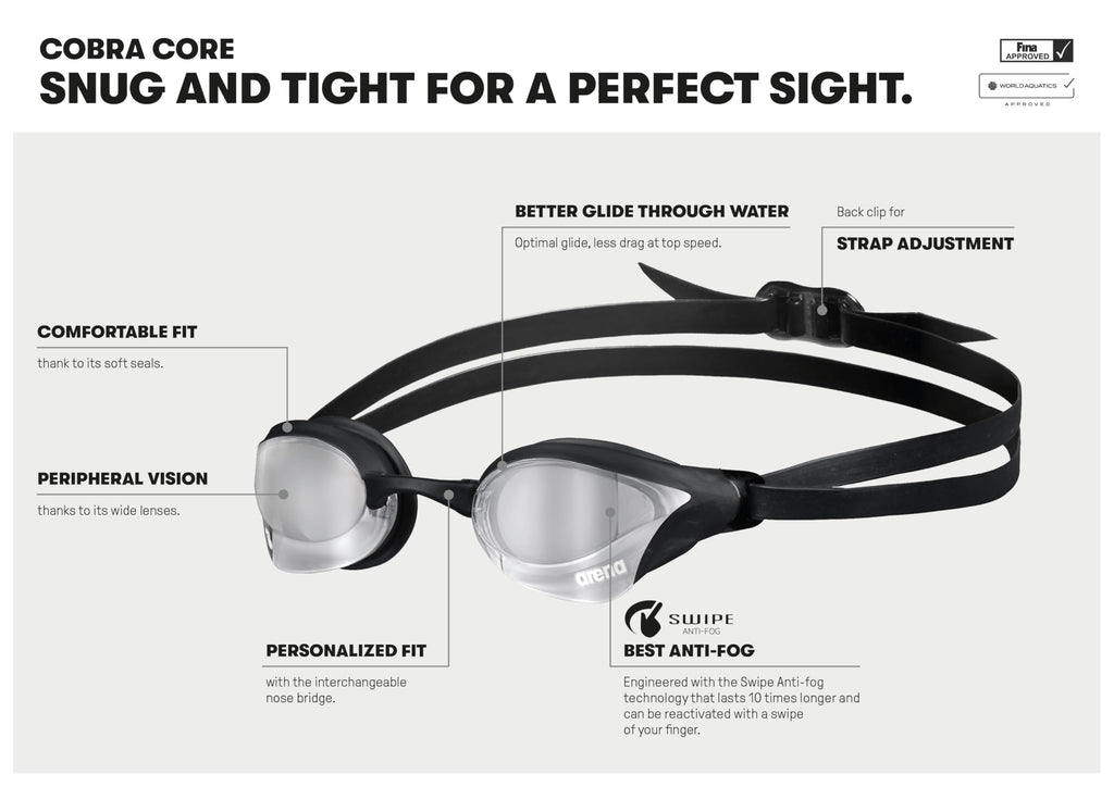 Arena Cobra Core Swipe Mirror Racing Goggles – Anti-Fog Swim Eyewear
