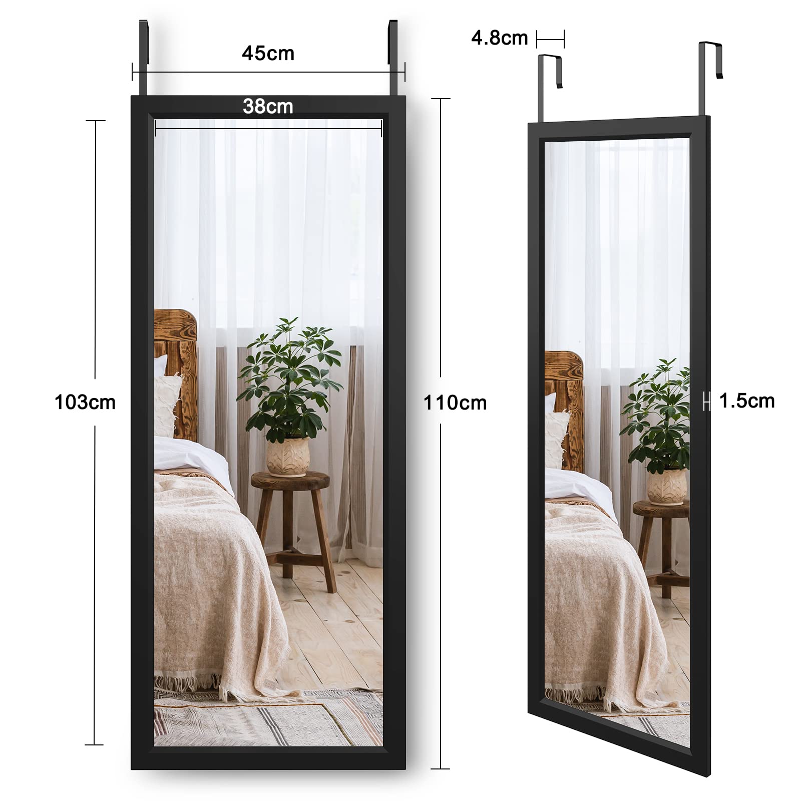 Dripex Full Length Over Door Mirror | 110x45cm Toughened Glass - Black