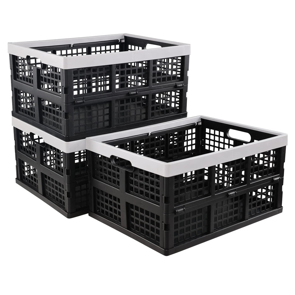 Ikando 3 Packs 30 L Black Foldable Crate, Plastic Collapsible Storage Box - image 1