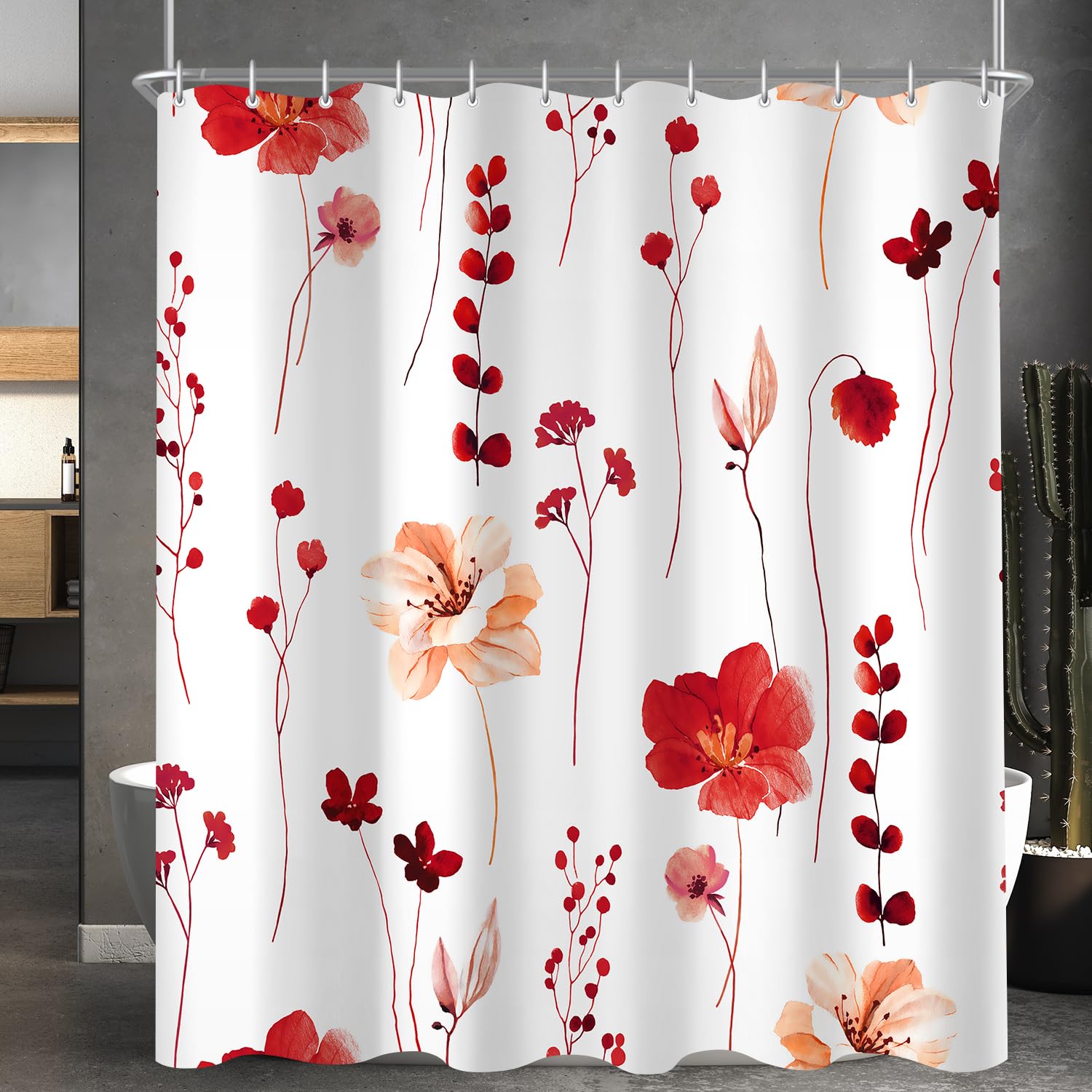 Lerores Red Motif Shower Curtain – 180x160cm Anti-Mould Weighted Hem