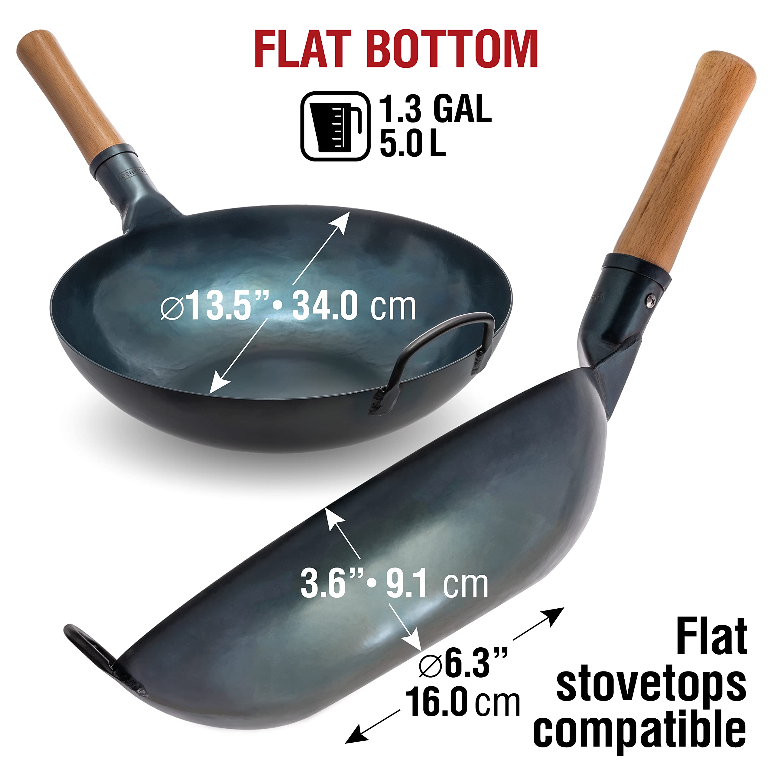 Yosukata 34cm Blue Carbon Steel Wok – Pre-Seasoned Flat Bottom Pan