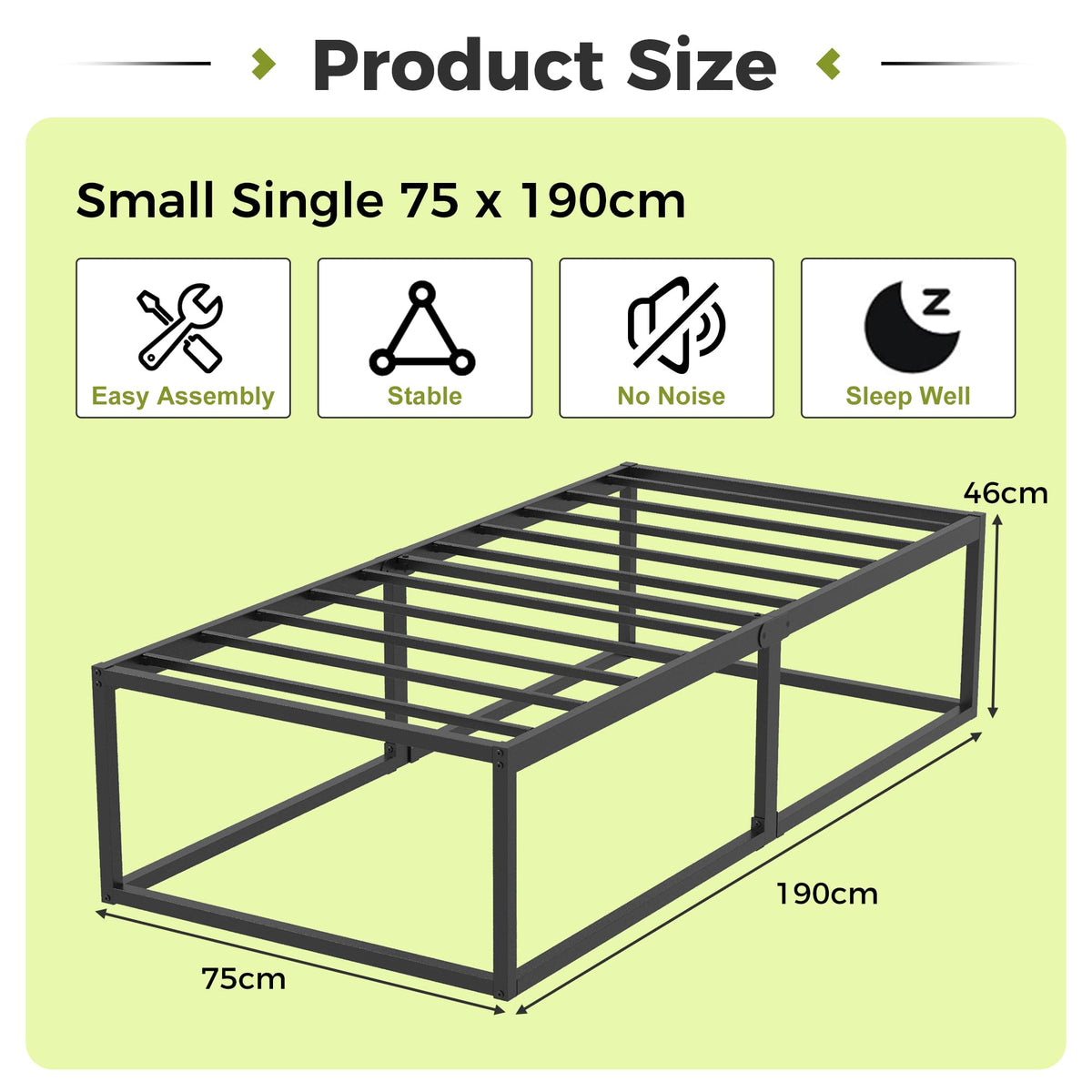 EMODA Small Single Bed Frame 75x190 cm with Sturdy Slats Support, Black - image 2