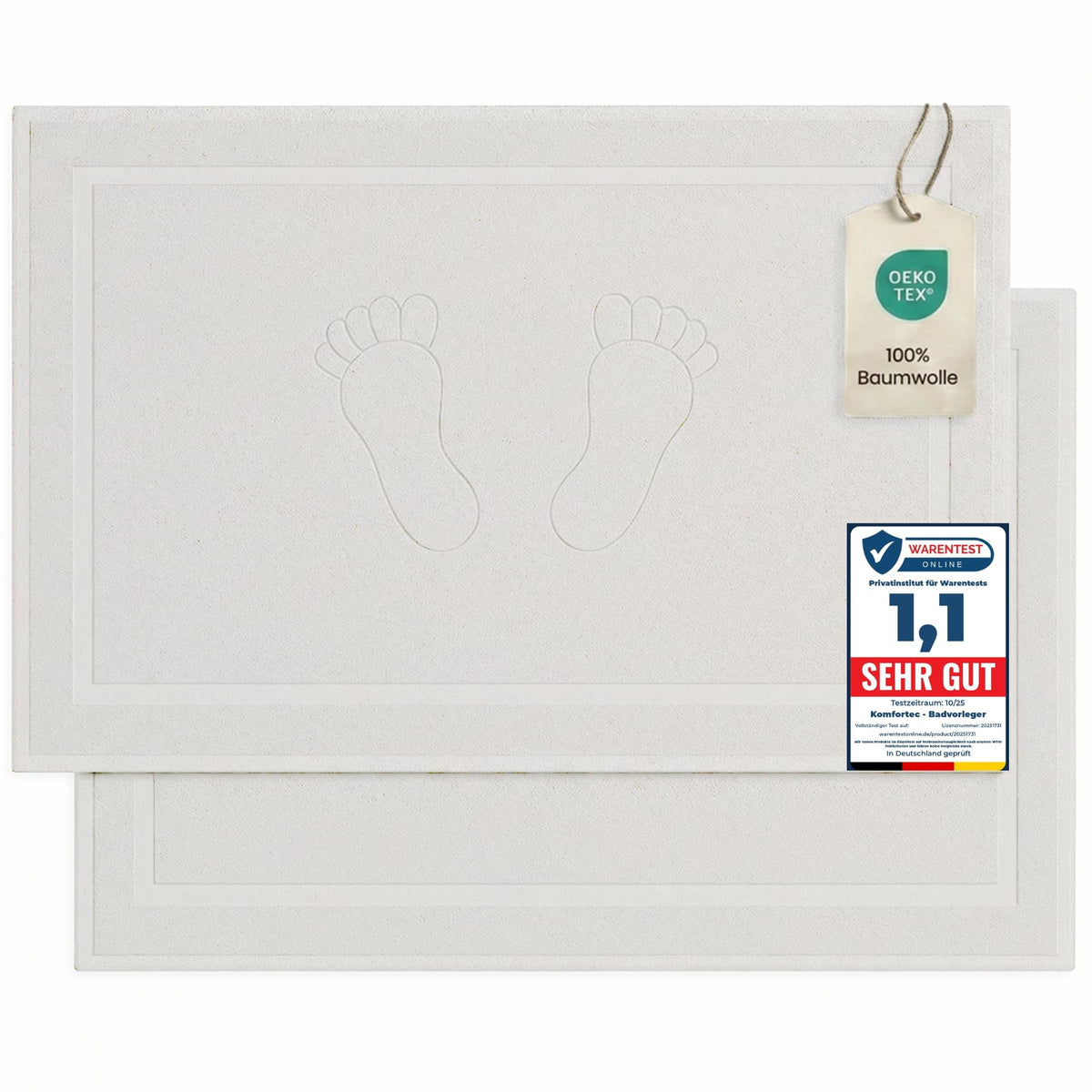 Komfortec Bath Mat 2 pcs,%100 Coton & 800 g/m², Washable, Absorbent, Quick Drying, 50 x 80 cm, White - image 1