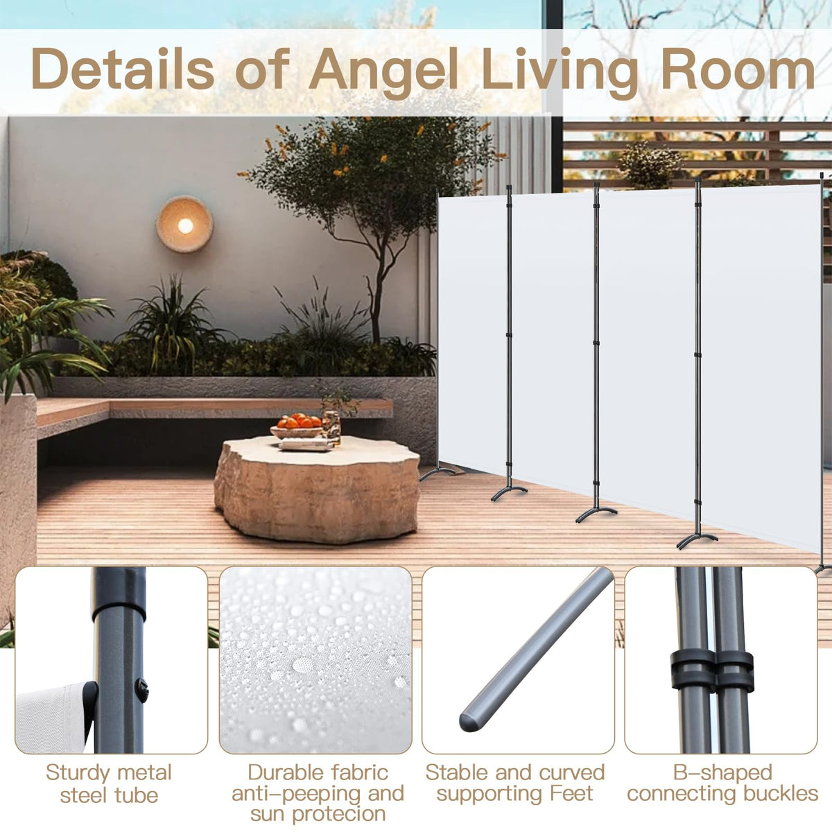 Angel Living 4 Panels Folding Room Divider | Privacy Screen with Polyester Fabric & Sturdy Iron Frame | Freestanding Partition for Office, Bedroom - image 4