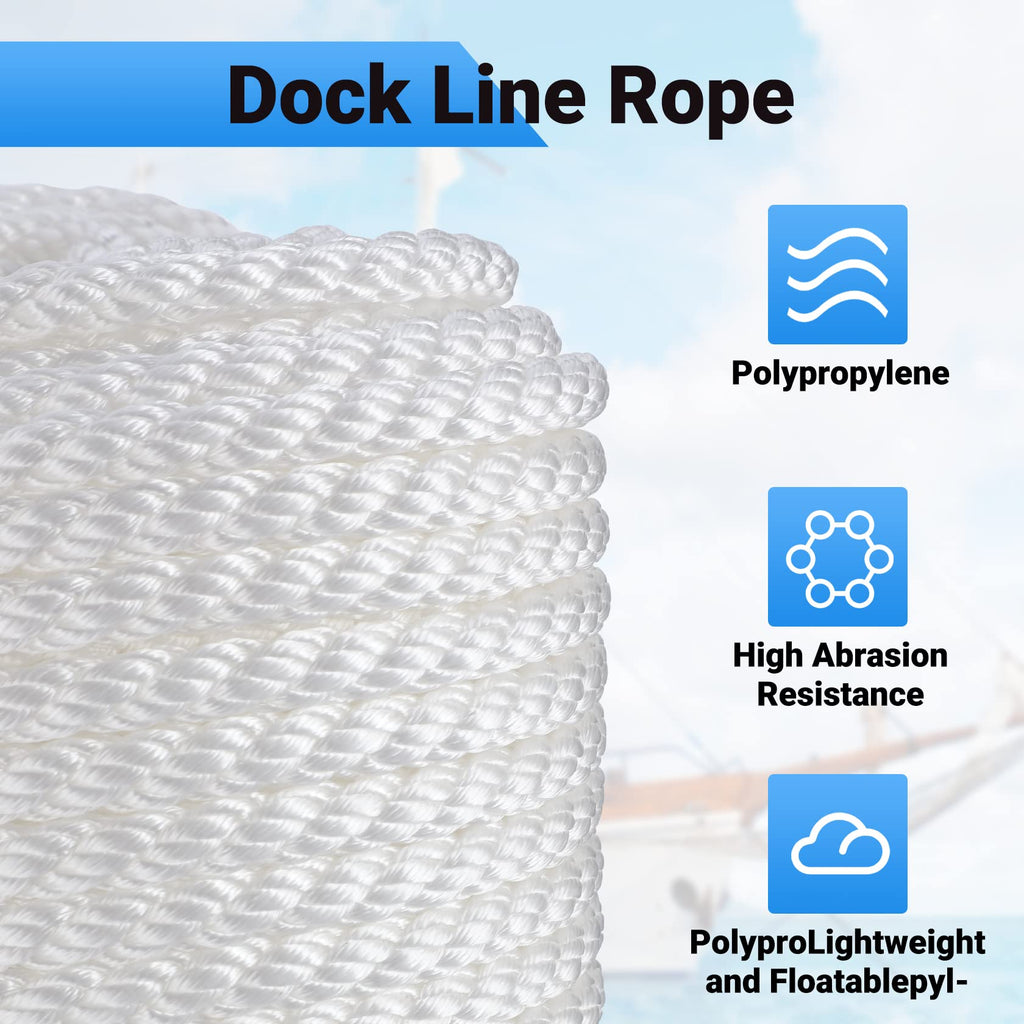 CarBole Double Braided Nylon Mooring Rope - 1/2" x 200ft Dock Line, White