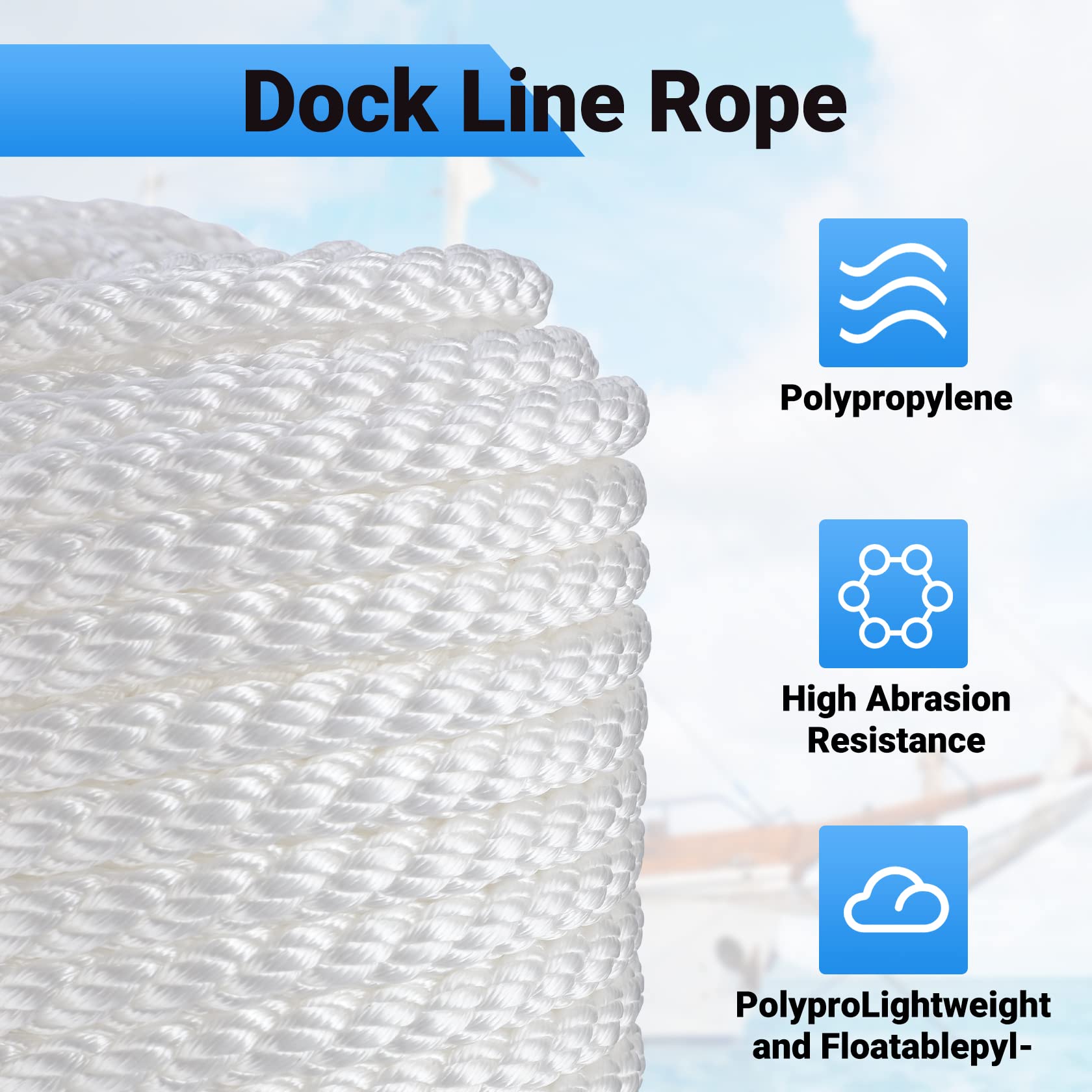 CarBole Double Braided Nylon Mooring Rope - 1/2" x 200ft Dock Line, White