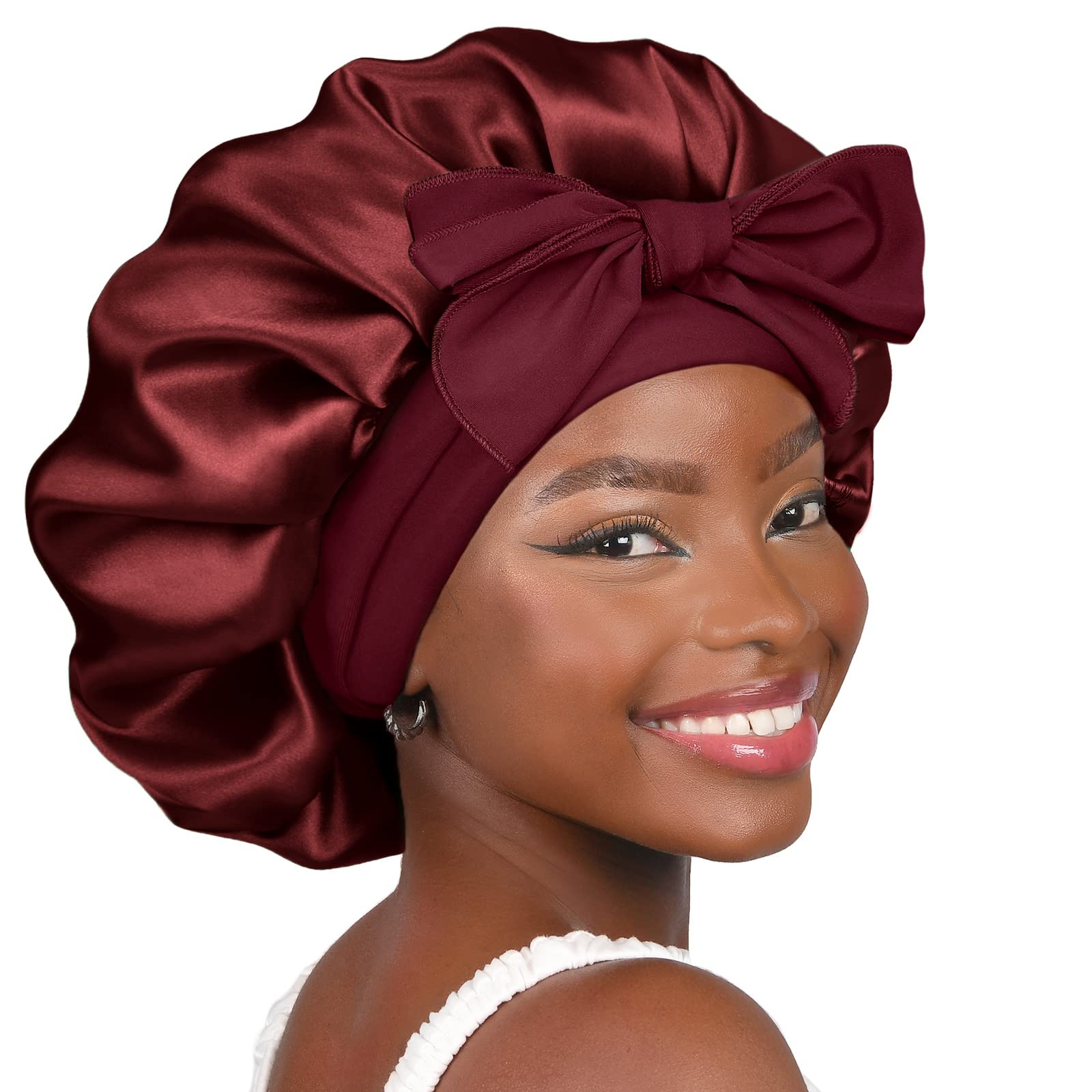 YANIBEST Silk Satin Bonnet for Sleeping – Double Layer Hair Wrap, Burgundy