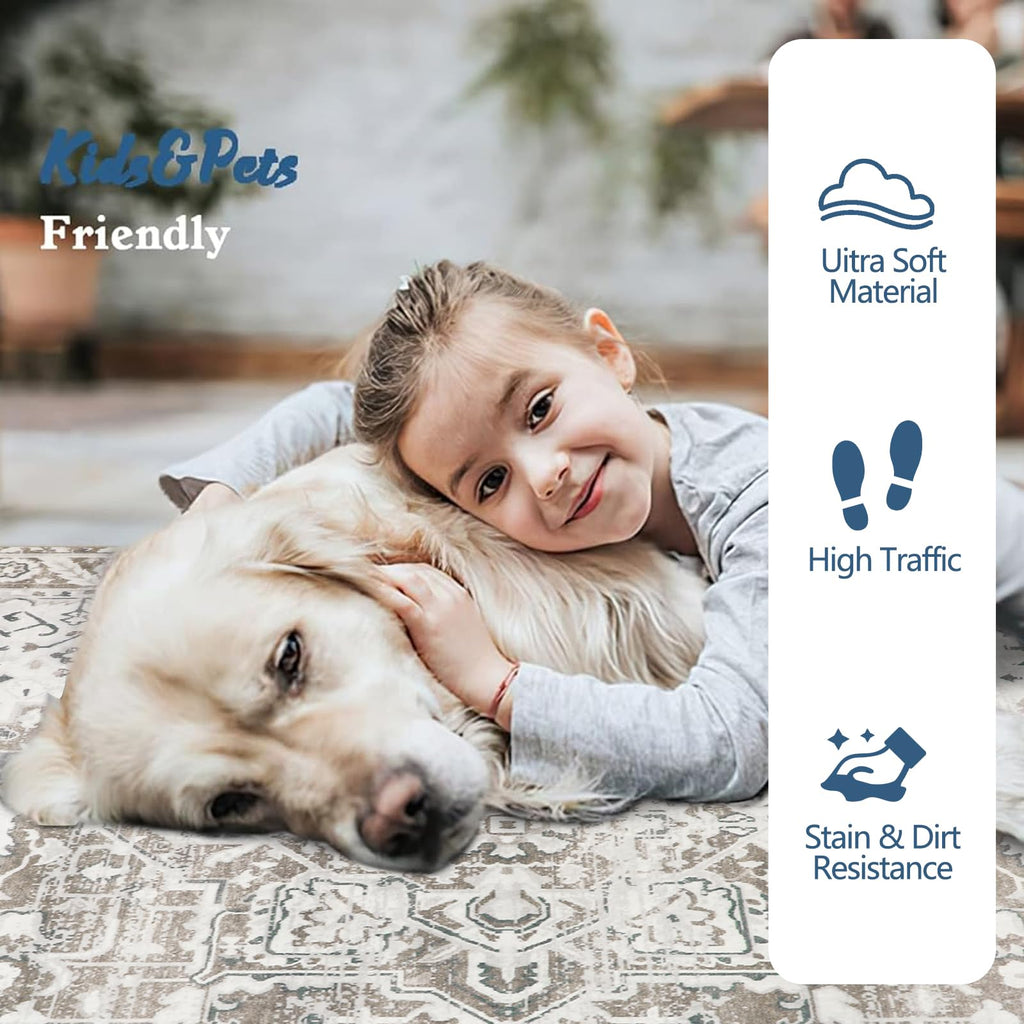 Famibay Vintage Area Rug | 160x230 Machine Washable Non-Slip Carpet