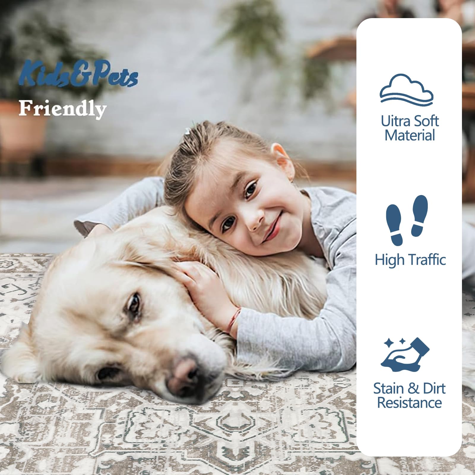 Famibay Vintage Area Rug | 160x230 Machine Washable Non-Slip Carpet