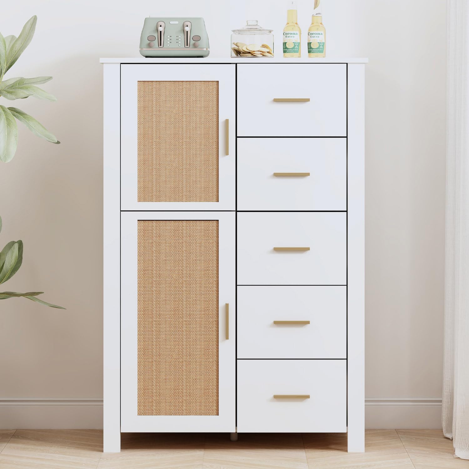 IBF Rattan Chest of Drawers | 5 Drawer White Oak Storage Cabinet