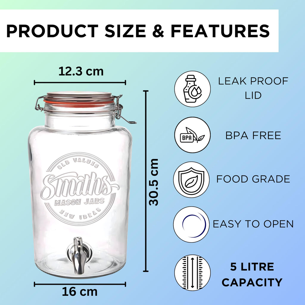 Smith's Mason Jars 5L Glass Drink Dispenser with Stainless Steel Spigot