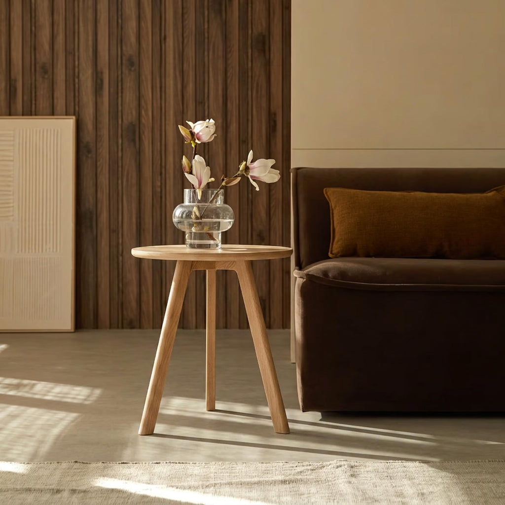 Raico Round Side Table 100% Solid Oak Wood Occasional Minimal Scandinavian End Table for Living Room Natural Oak