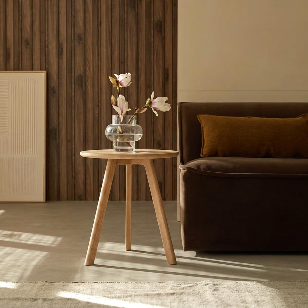 Raico Round Side Table 100% Solid Oak Wood Occasional Minimal Scandinavian End Table for Living Room Natural Oak