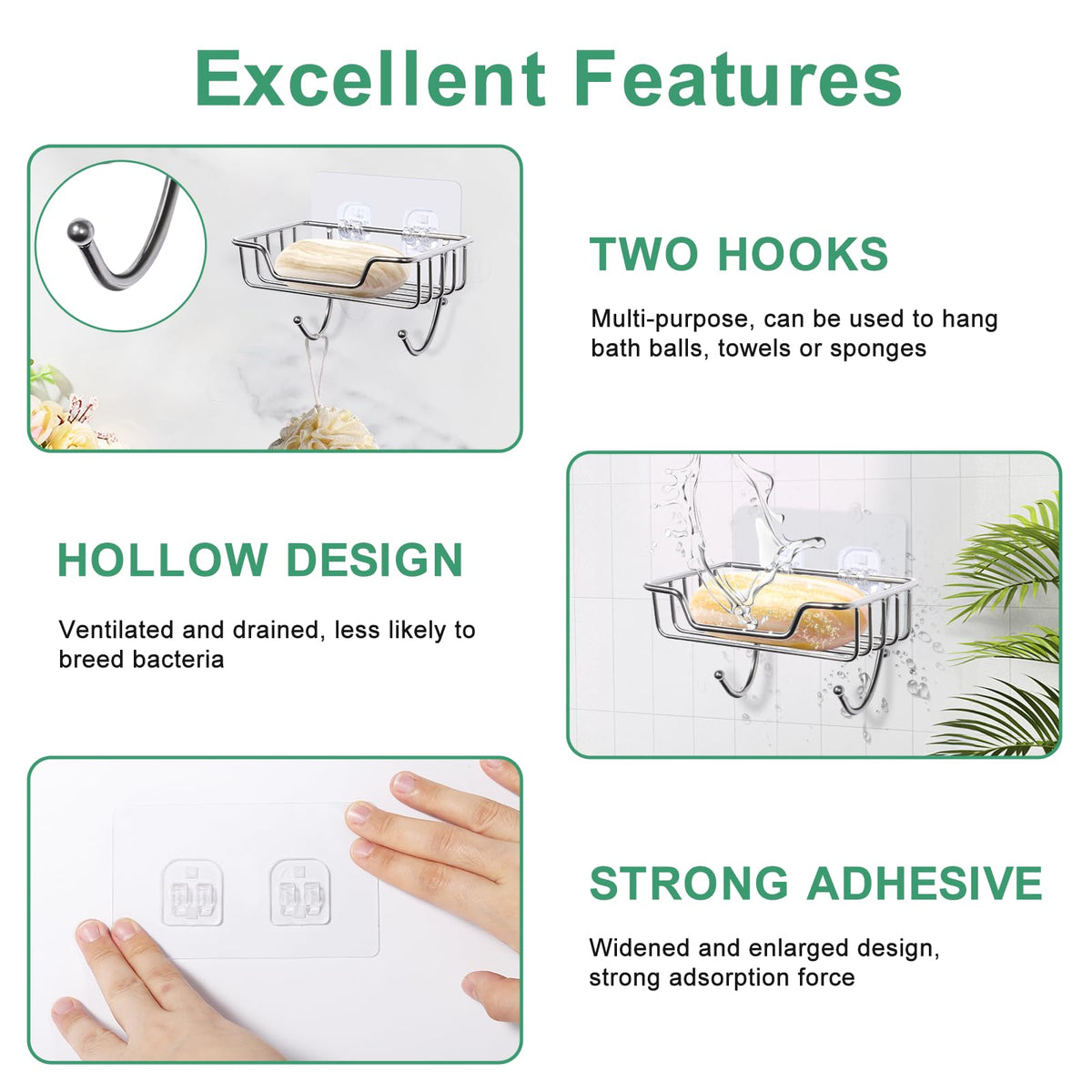 Uten 2 Pcs Strong Self Adhesive Soap Dish, Stainless Steel Soap Holder with Hook No Drilling, Wall Mounted Soap Tray for Shower Bathroom Kitchen - image 2