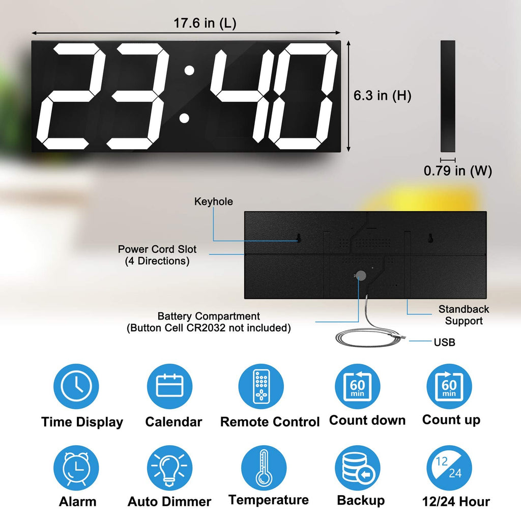 CHKOSDA Large Digital Wall Clock | 6" LED Display with Countdown Timer